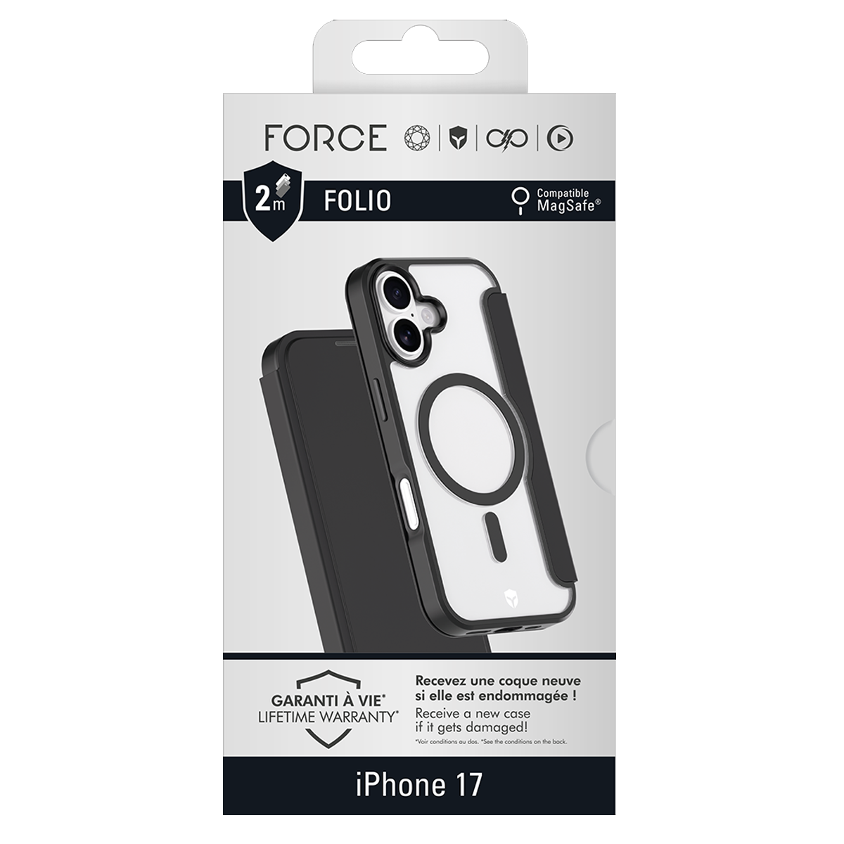 Custodia nera per iPhone 17 con retro trasparente e cornice nera. La confezione mostra il marchio FORCE, FOLIO e la compatibilità MagSafe.