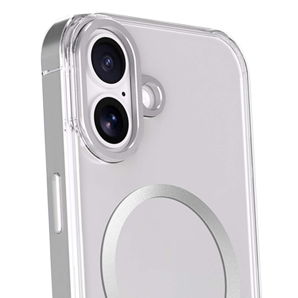 Primo piano di una custodia trasparente per telefono con doppie lenti della fotocamera. Un anello argentato è sul retro. La custodia è trasparente.