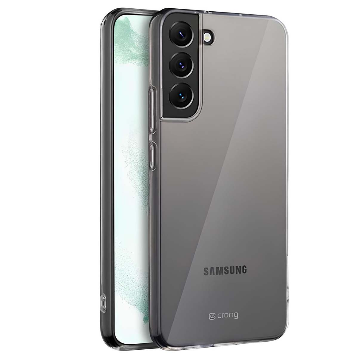 Una custodia trasparente per telefono su un telefono Samsung. La custodia ha un telaio nero e un retro trasparente. Il logo Samsung è visibile.