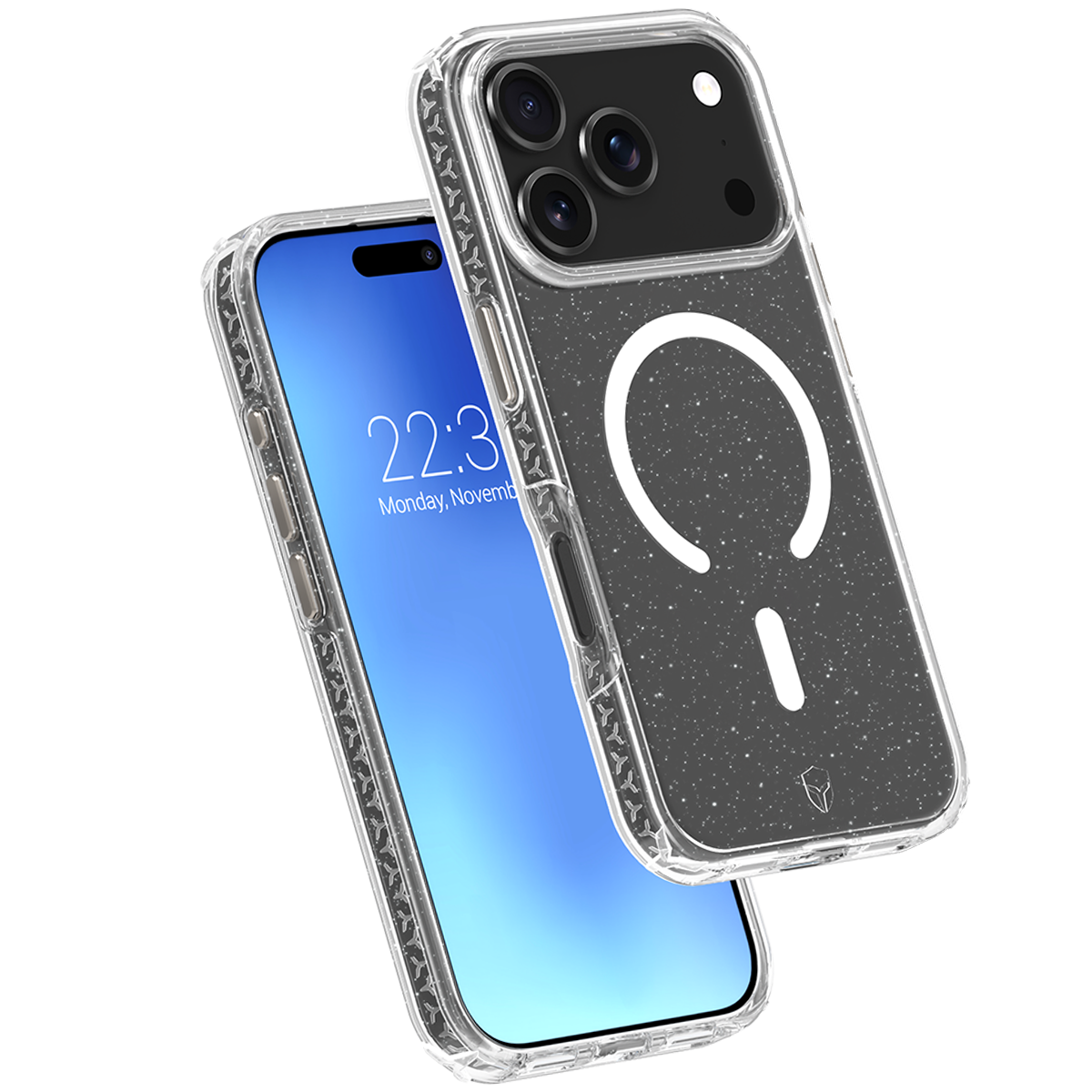 Zwei transparente Handyhüllen mit einem Telefon darin. Eine Hülle hat ein weißes Kreis- und Strichmuster auf der Rückseite. Das Telefon zeigt Zeit und Datum.