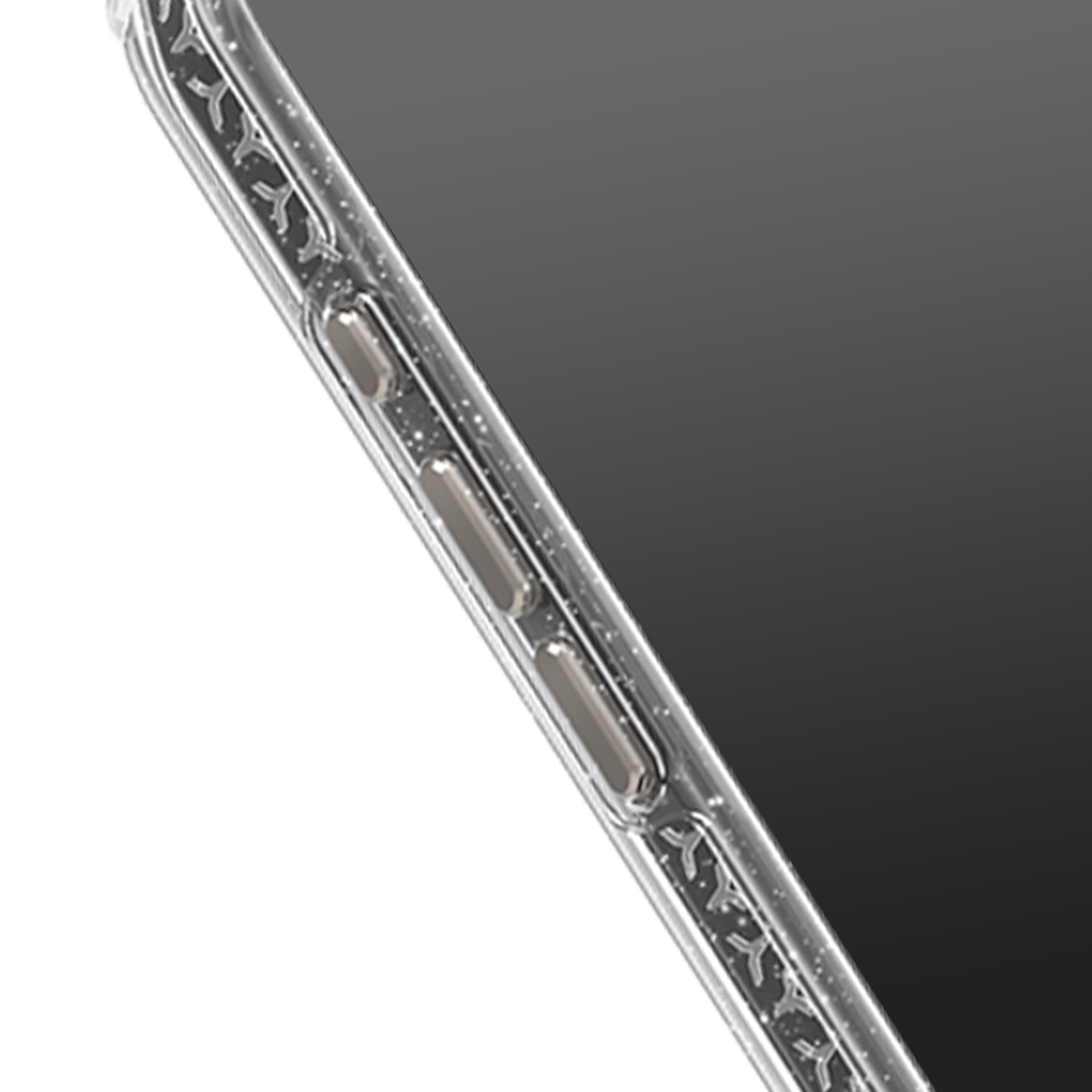 Nahaufnahme einer Handyhülle mit Knöpfen und einem dunklen Bildschirm. Die Hülle ist transparent mit Glitzer und Mustern.