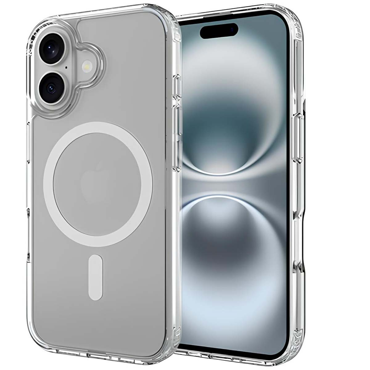 Custodia trasparente con telefono all'interno. La custodia ha un cerchio e un rettangolo bianchi. Lo schermo del telefono è visibile.