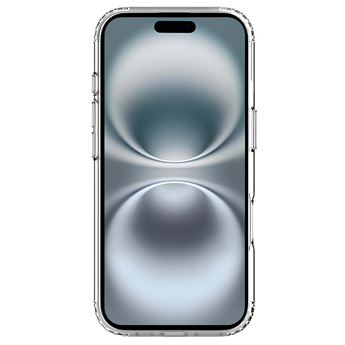 Una custodia trasparente su un telefono. Lo schermo ha uno sfondo sfocato, bianco e grigio.