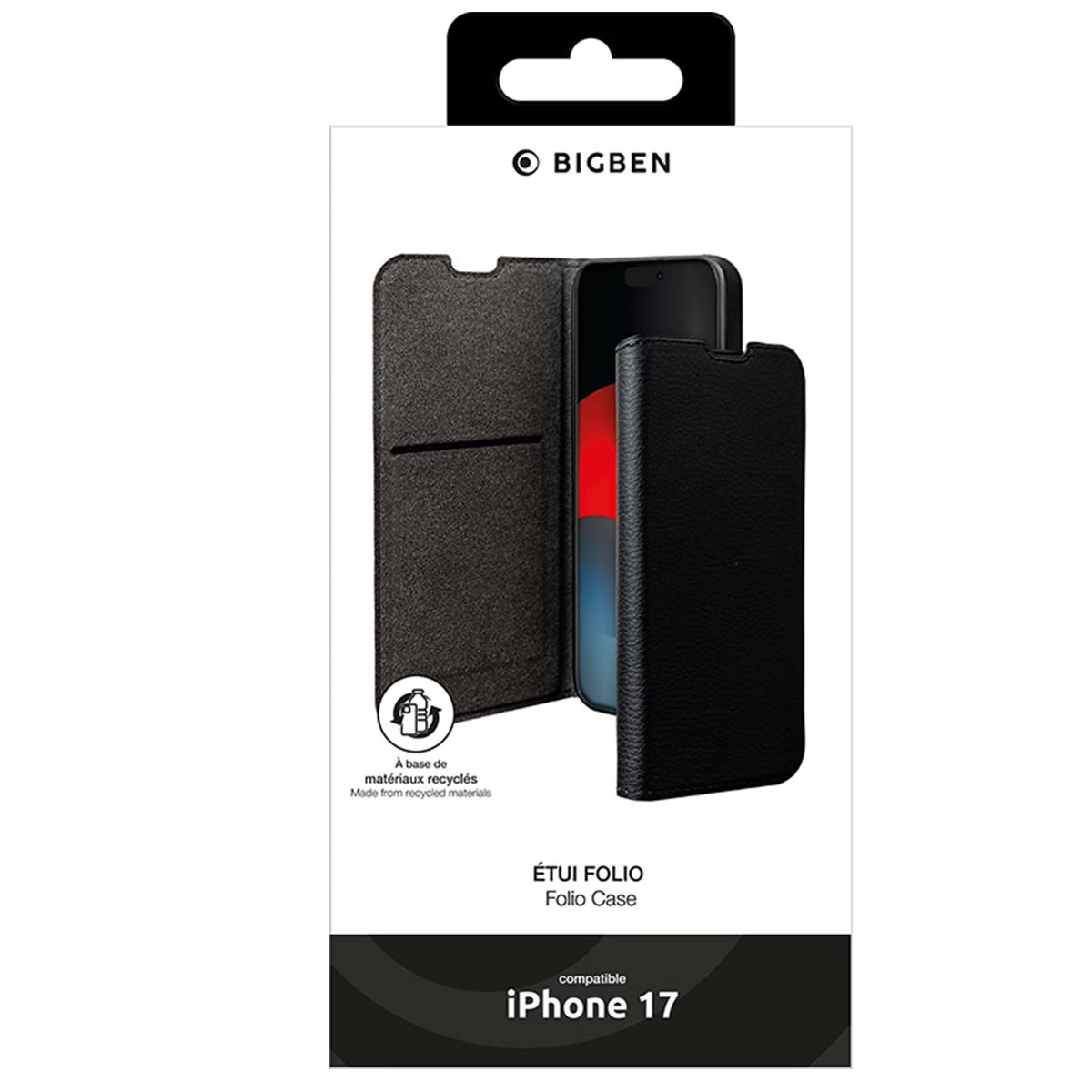 Custodia a libro nera per iPhone 17 nella confezione. Logo Bigben in alto. Il testo menziona materiali riciclati. La custodia è aperta.