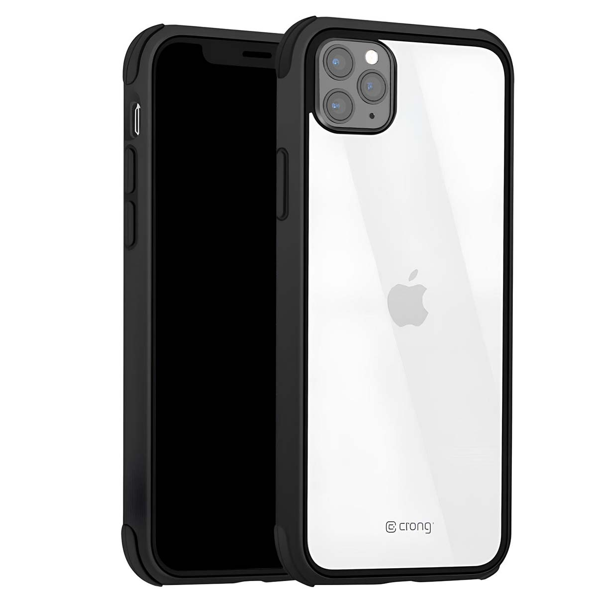 Viene mostrata una custodia trasparente per iPhone, che mostra il retro del telefono con il logo Apple e la fotocamera. La custodia ha un telaio nero.