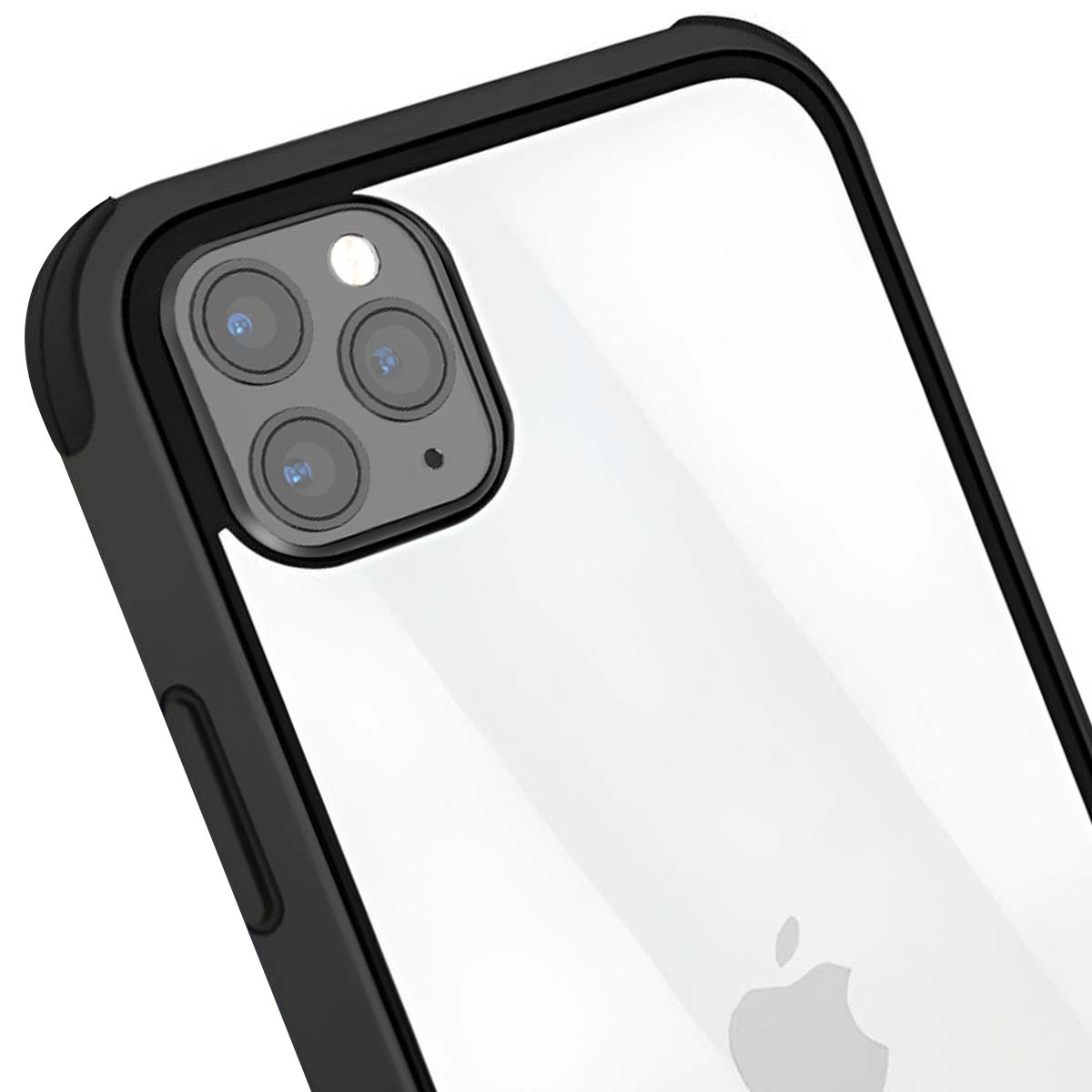 Primo piano di un telefono in una custodia nera. Visibili la fotocamera a tripla lente, un retro bianco con logo Apple e una cornice nera.