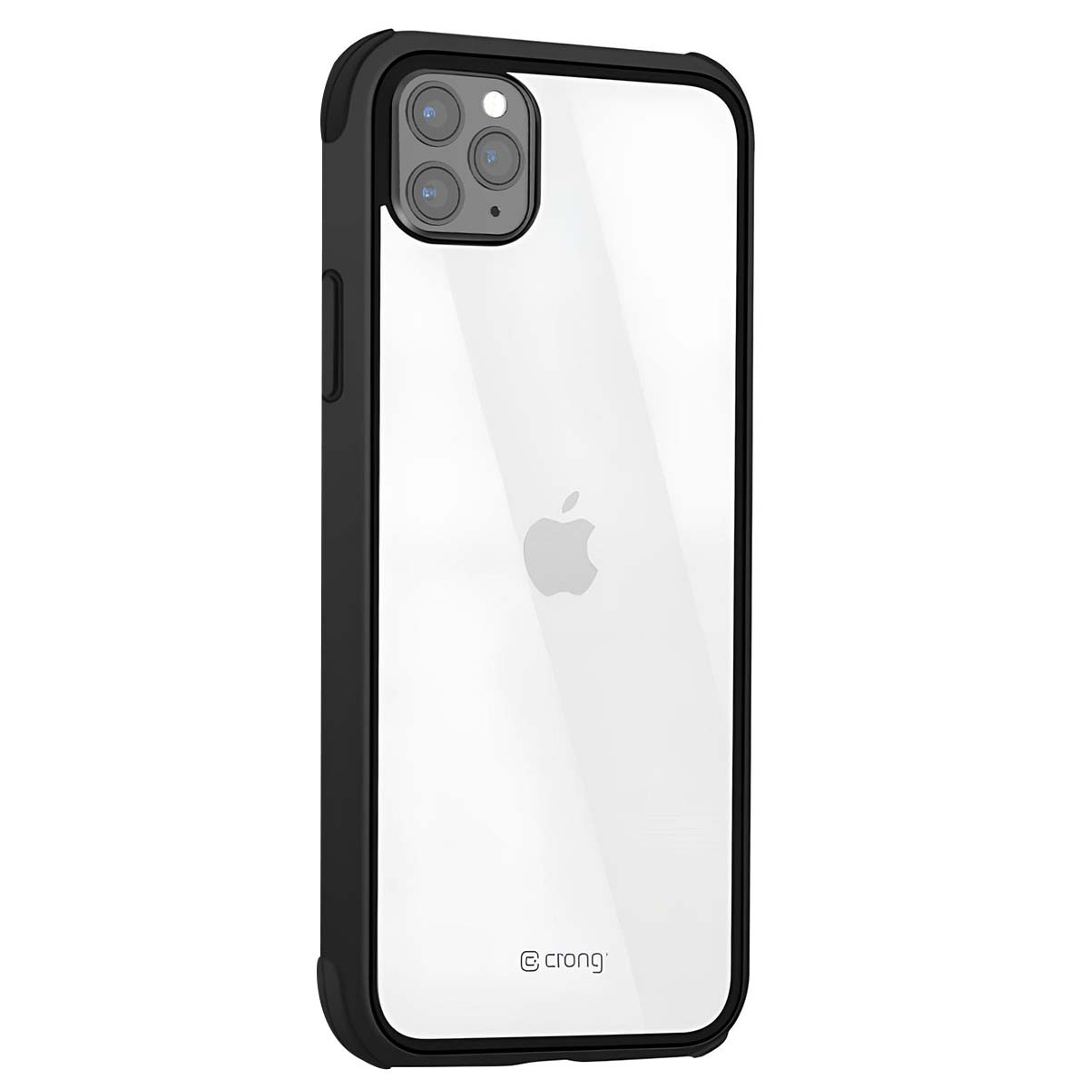 Custodia trasparente per iPhone con cornice nera. Il logo Apple è visibile. La custodia ha un ritaglio per la fotocamera e il logo Crong.