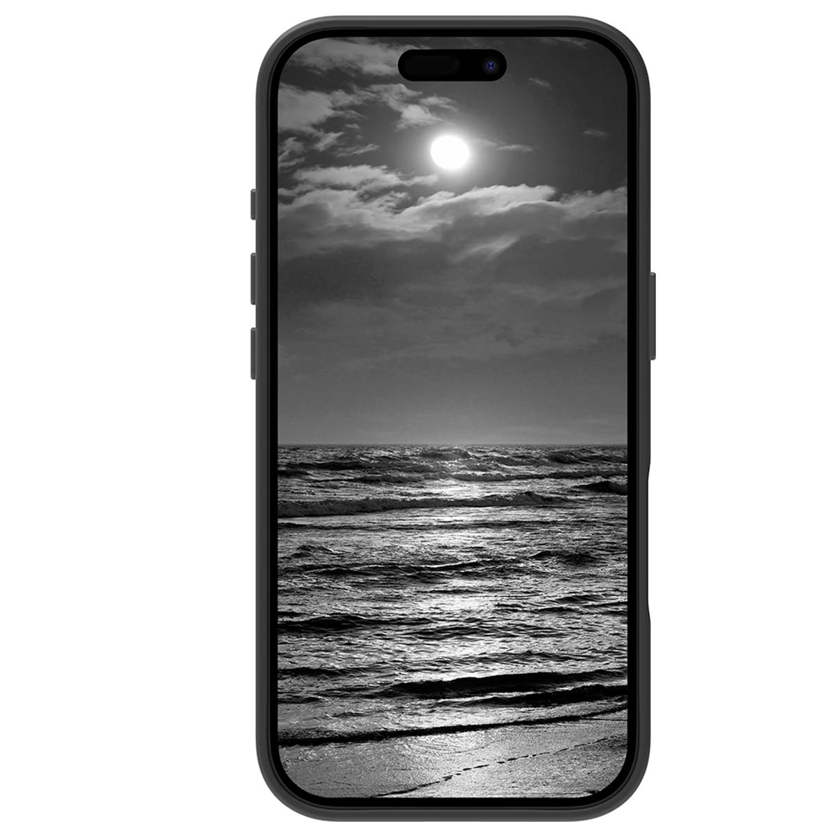 Foto in bianco e nero su un telefono mostra una scena di spiaggia. Il sole splende tra le nuvole sopra l'oceano mosso. La sabbia è visibile.