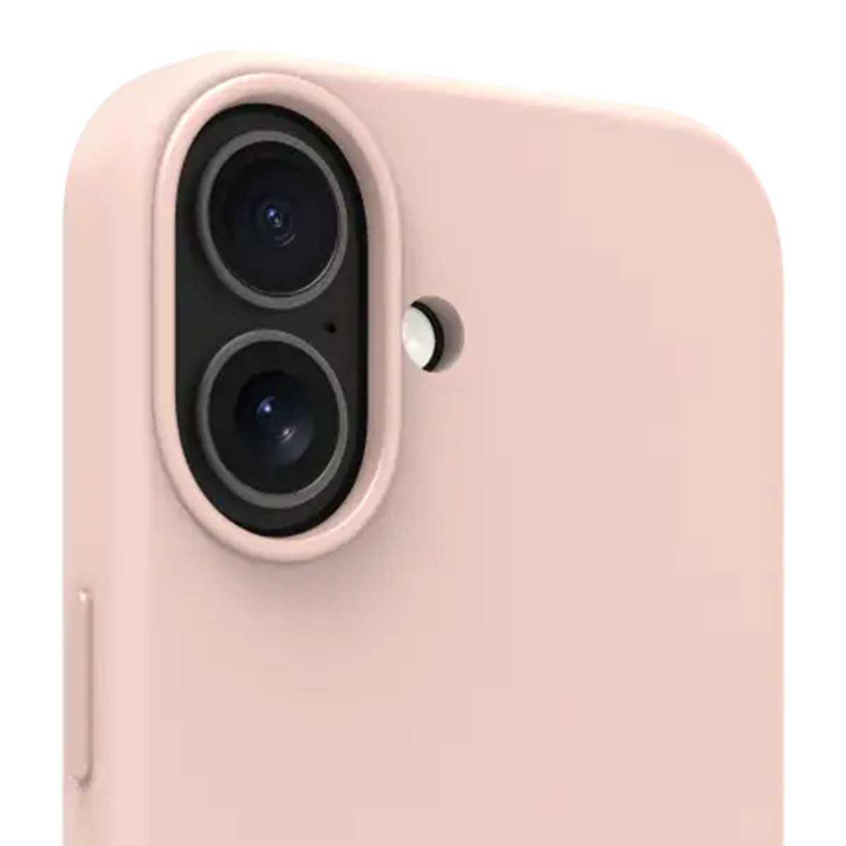 Vista ravvicinata del modulo fotocamera di un telefono, con due lenti e un flash, su un corpo telefono rosa pallido.