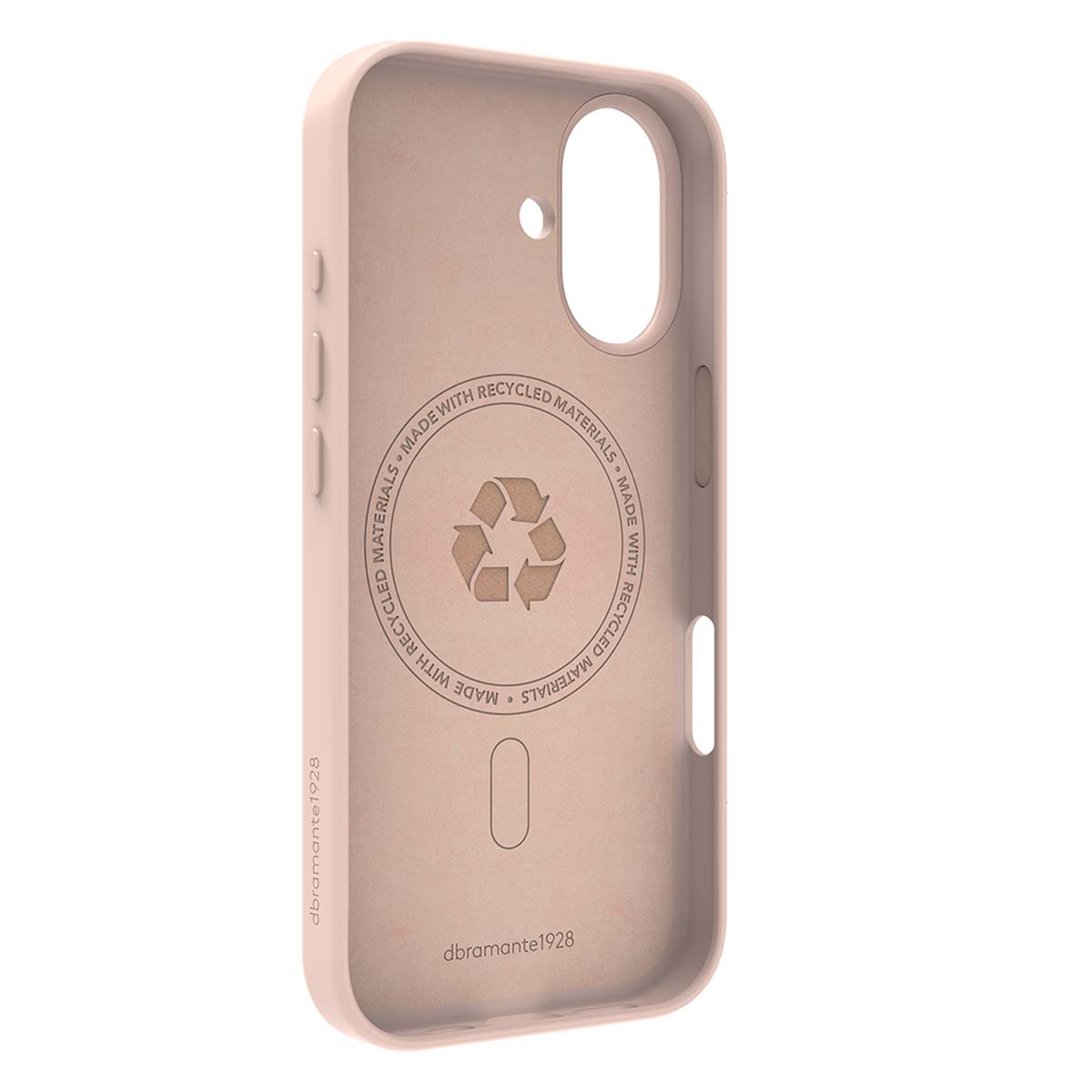 Una custodia rosa per telefono con un simbolo di riciclaggio. Ha ritagli per la fotocamera e i pulsanti e la scritta 'Made with recycled materials'.