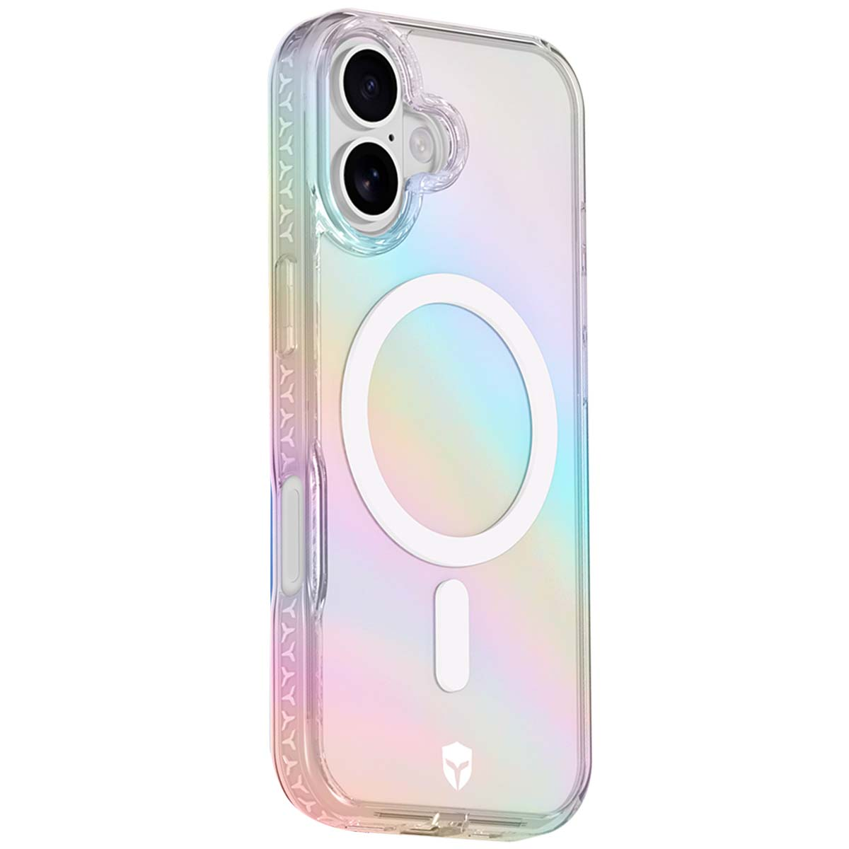 Custodia trasparente per telefono con effetto arcobaleno. Ha un design circolare bianco e un rettangolo verticale. Sono visibili due lenti nere della fotocamera.