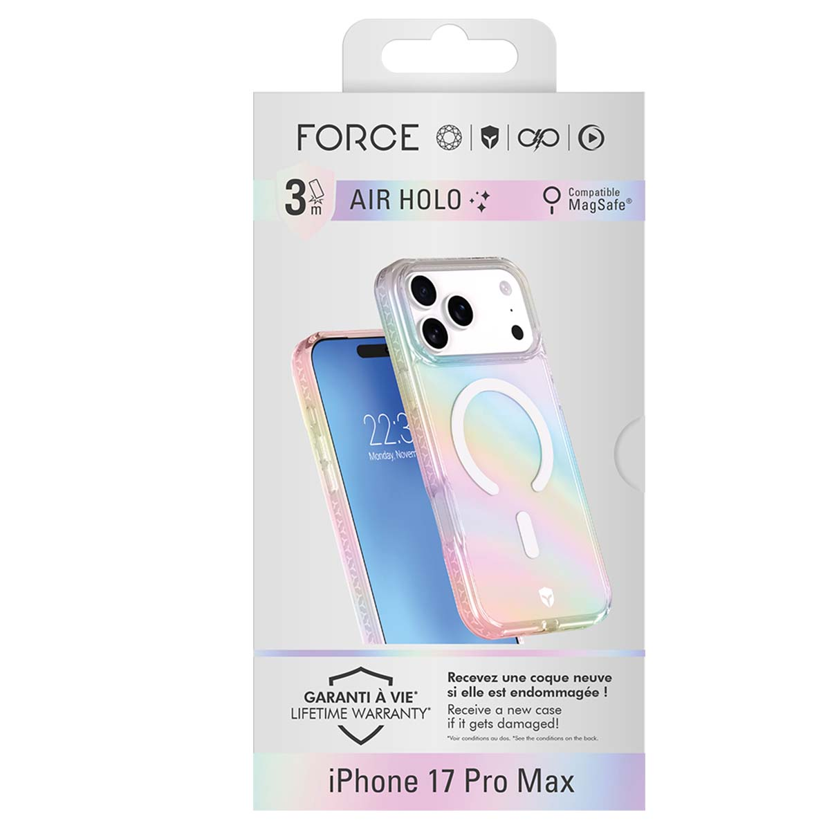 Custodia per iPhone 17 Pro Max nella confezione. La custodia è trasparente con una sfumatura arcobaleno. La confezione ha testo e loghi.