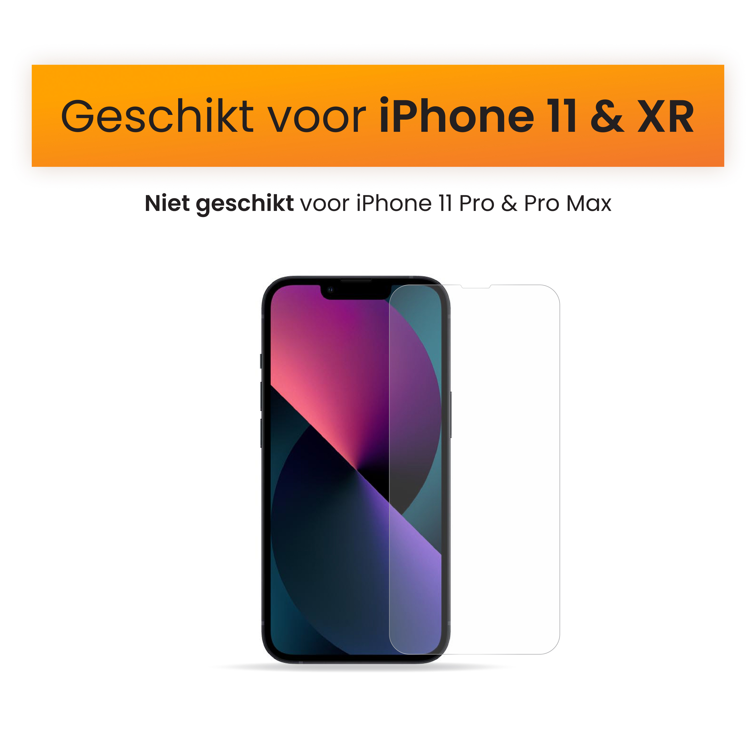 Un iPhone avec protection d'écran. Texte en néerlandais : Compatible iPhone 11 & XR, pas pour Pro & Pro Max.