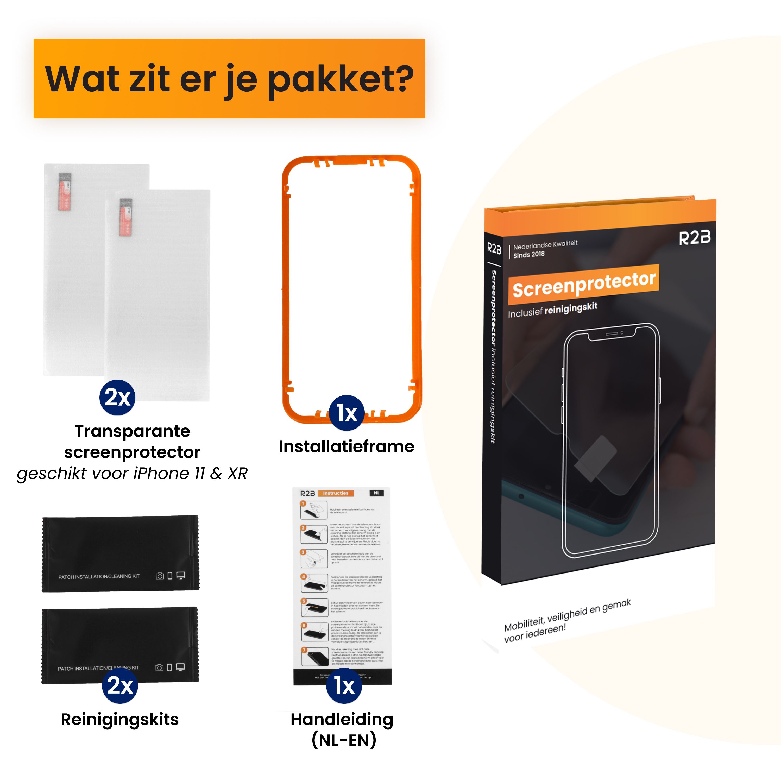 Contenu du colis : protecteur d'écran, cadre d'installation, kits de nettoyage et instructions. Emballage orange et noir.