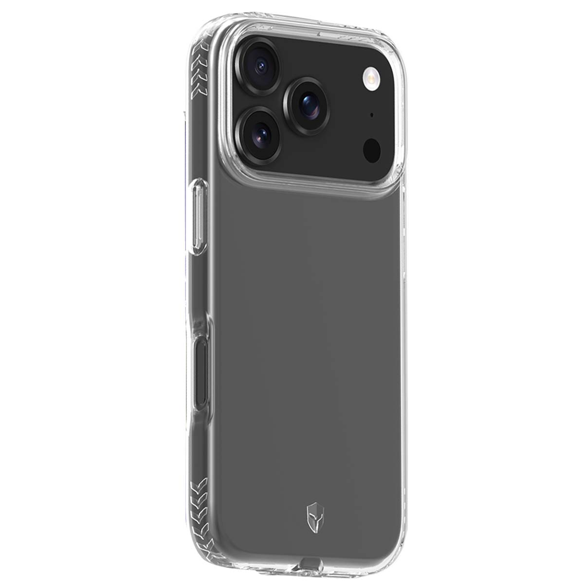 Una custodia trasparente con retro grigio scuro, che mostra tre lenti della fotocamera e un flash. Il lato ha motivi decorativi.