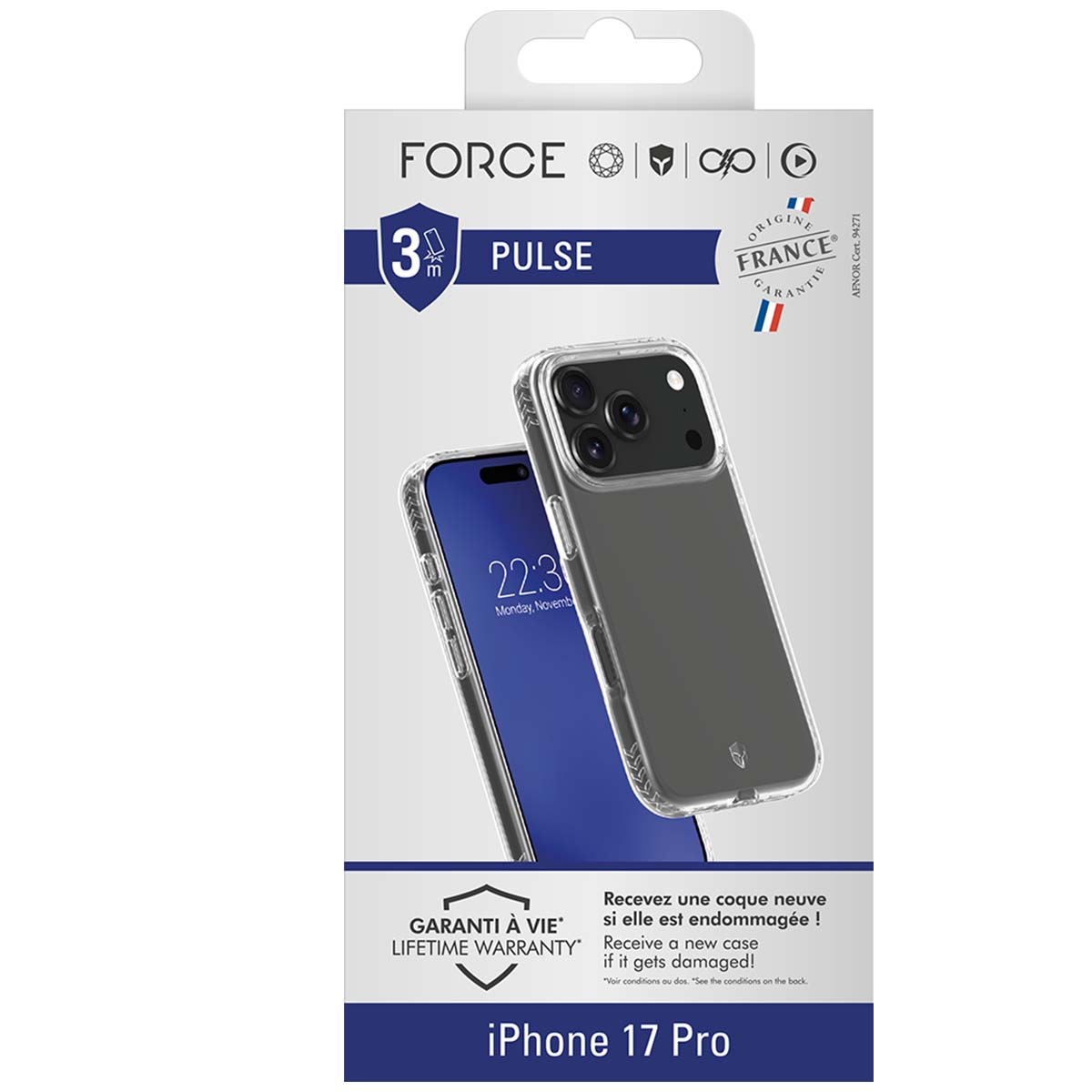 Confezione del prodotto per iPhone 17 Pro. Presenta una custodia e uno schermo che mostra l'ora. Il marchio include 'FORCE' e 'FRANCE'.