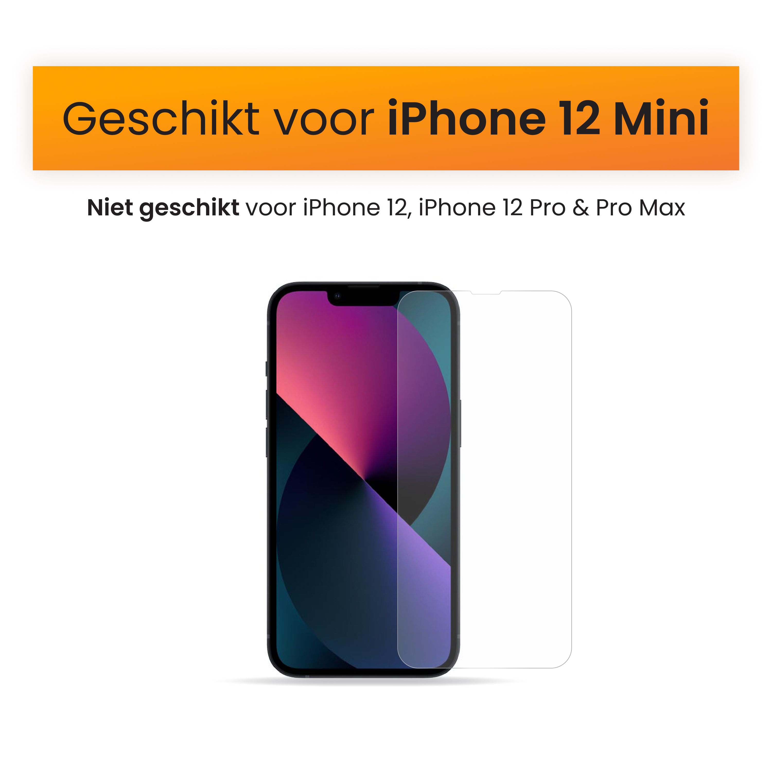 Image d'un iPhone 12 Mini avec protection d'écran. Le texte dit: 'Convient pour iPhone 12 Mini'.