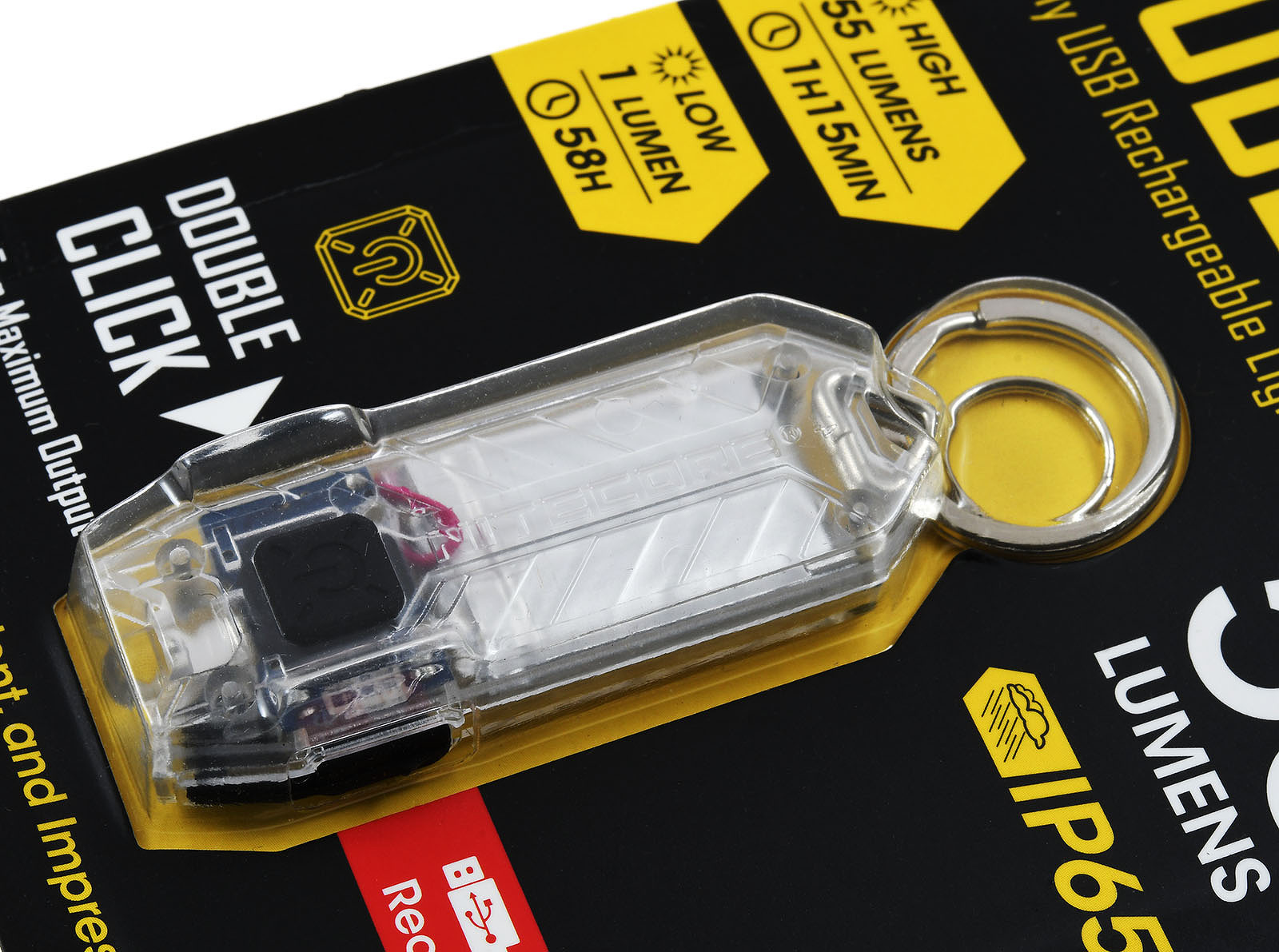 Eine transparente Taschenlampe auf der Verpackung wird gezeigt. Text enthält 'DOUBLE CLICK' und 'USB wiederaufladbares Licht'.