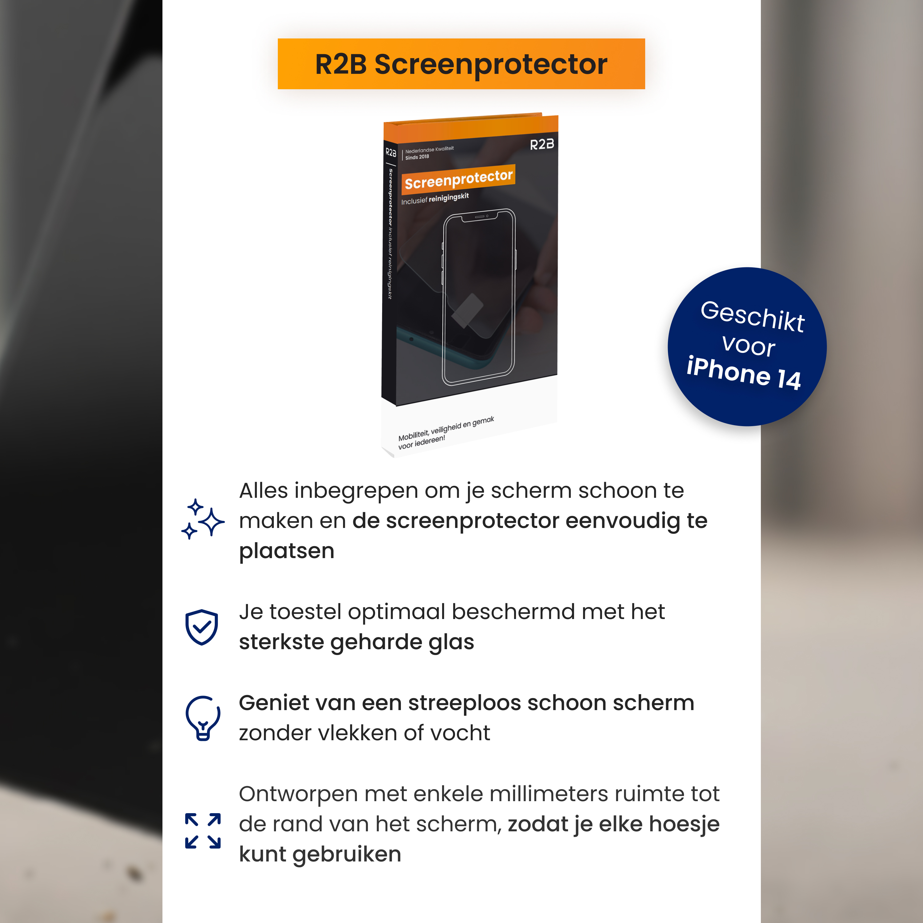 Une boîte de protection d'écran de la marque R2B, conçue pour iPhone 14, avec les détails et caractéristiques du produit.