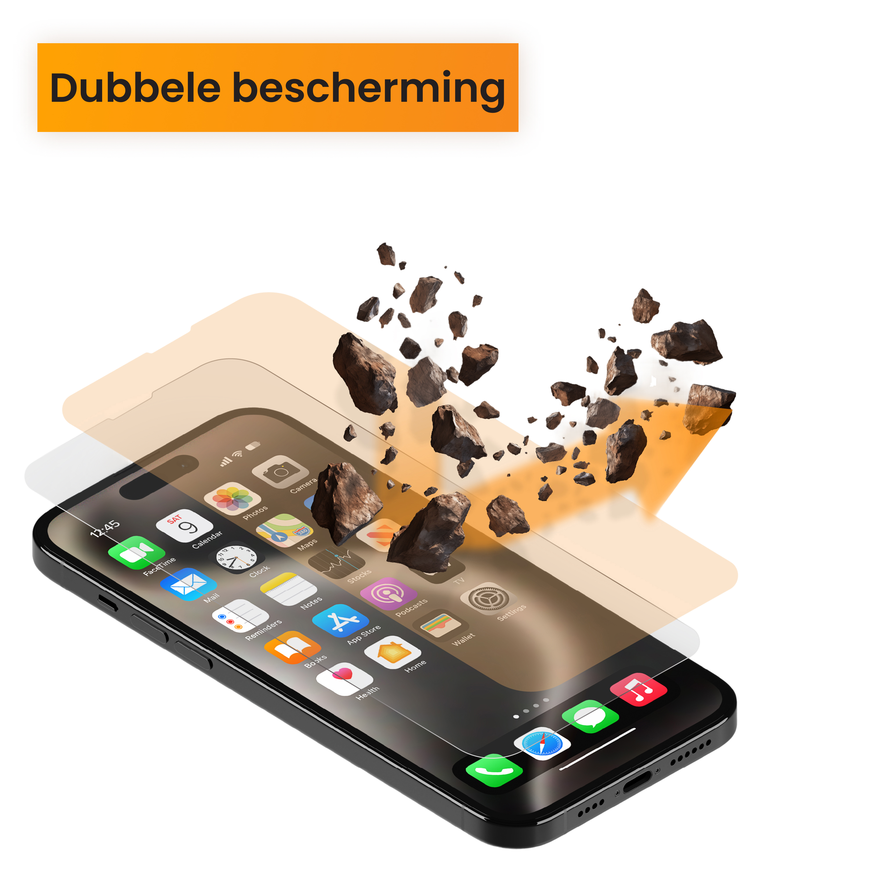 Een smartphone met apps, beschermd door een scherm, met rotsen die van bovenaf vallen en een oranje banner.