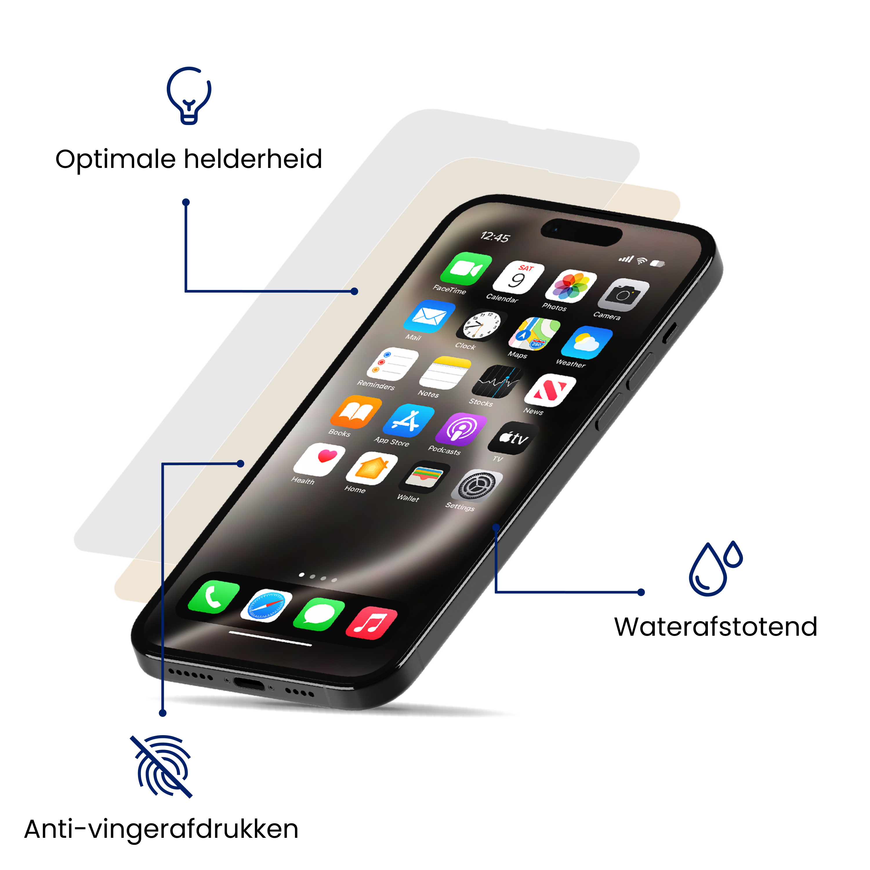 Een smartphone met apps wordt weergegeven, samen met iconen voor optimale helderheid, waterbestendigheid en vingerafdrukbestendigheid.