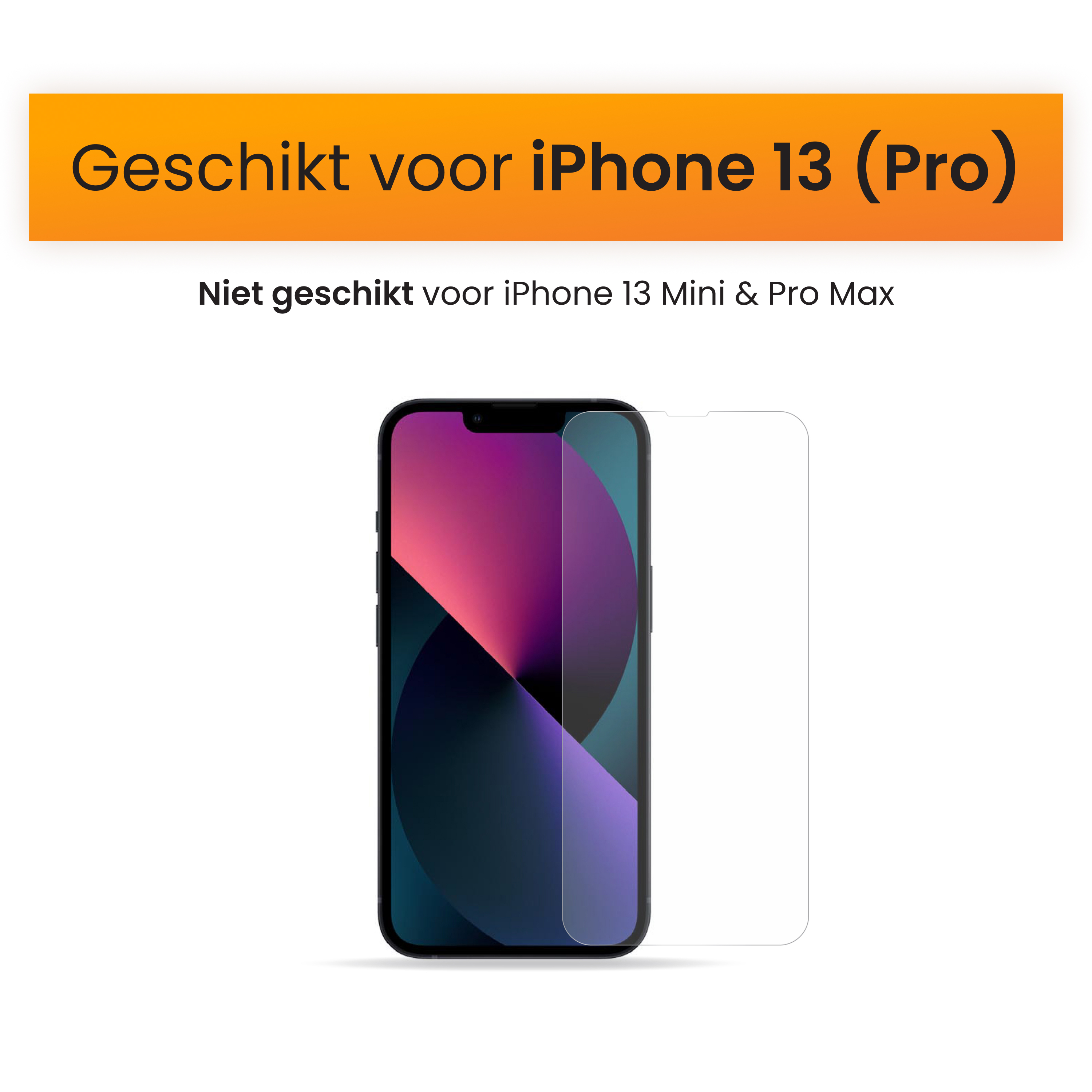 Un protecteur d'écran pour iPhone 13 (Pro) est affiché, avec du texte indiquant qu'il ne convient pas aux modèles Mini et Pro Max.