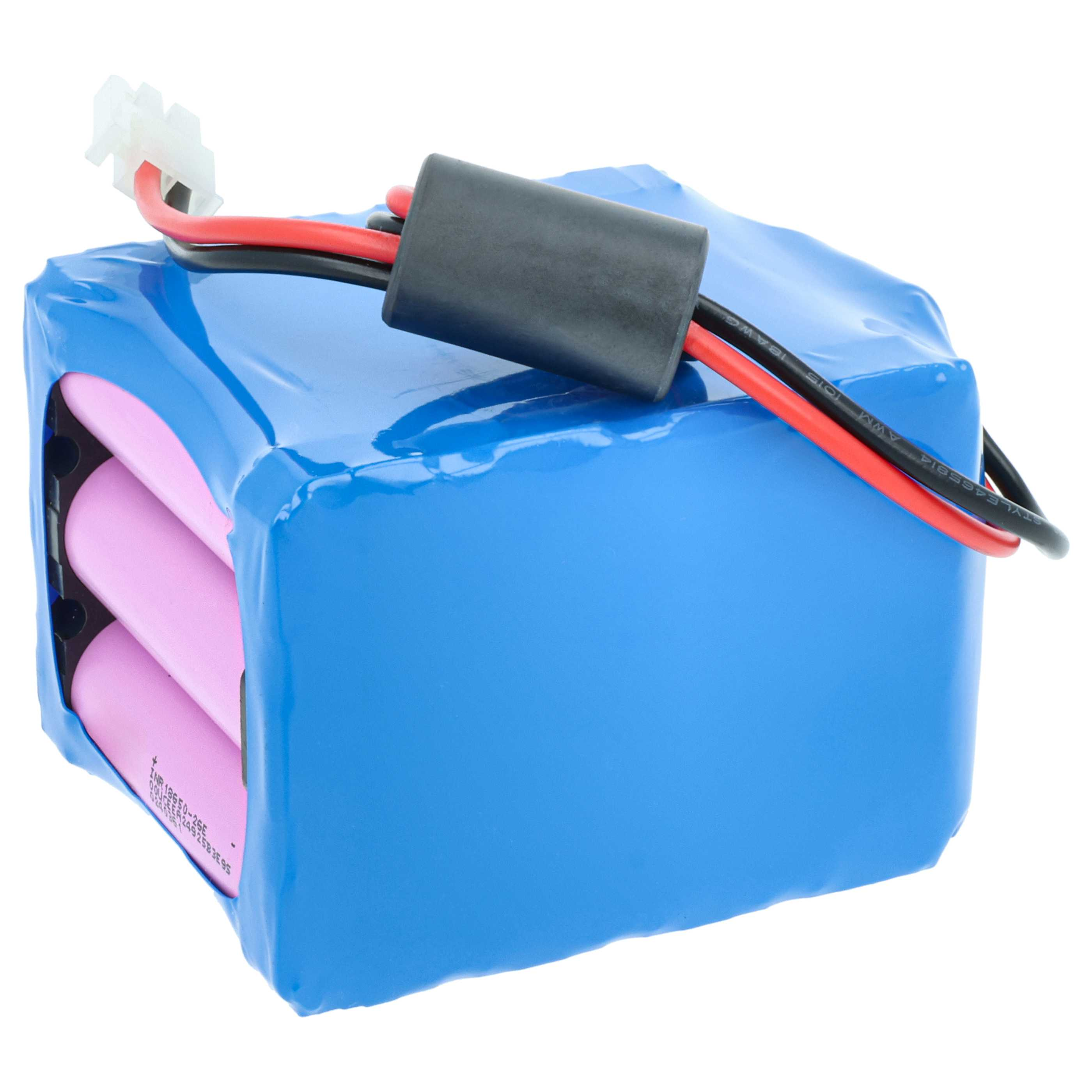 Ein blauer Akku-Pack mit herausragenden rosafarbenen Zellen. Schwarze und rote Drähte mit weißem Stecker ragen heraus.