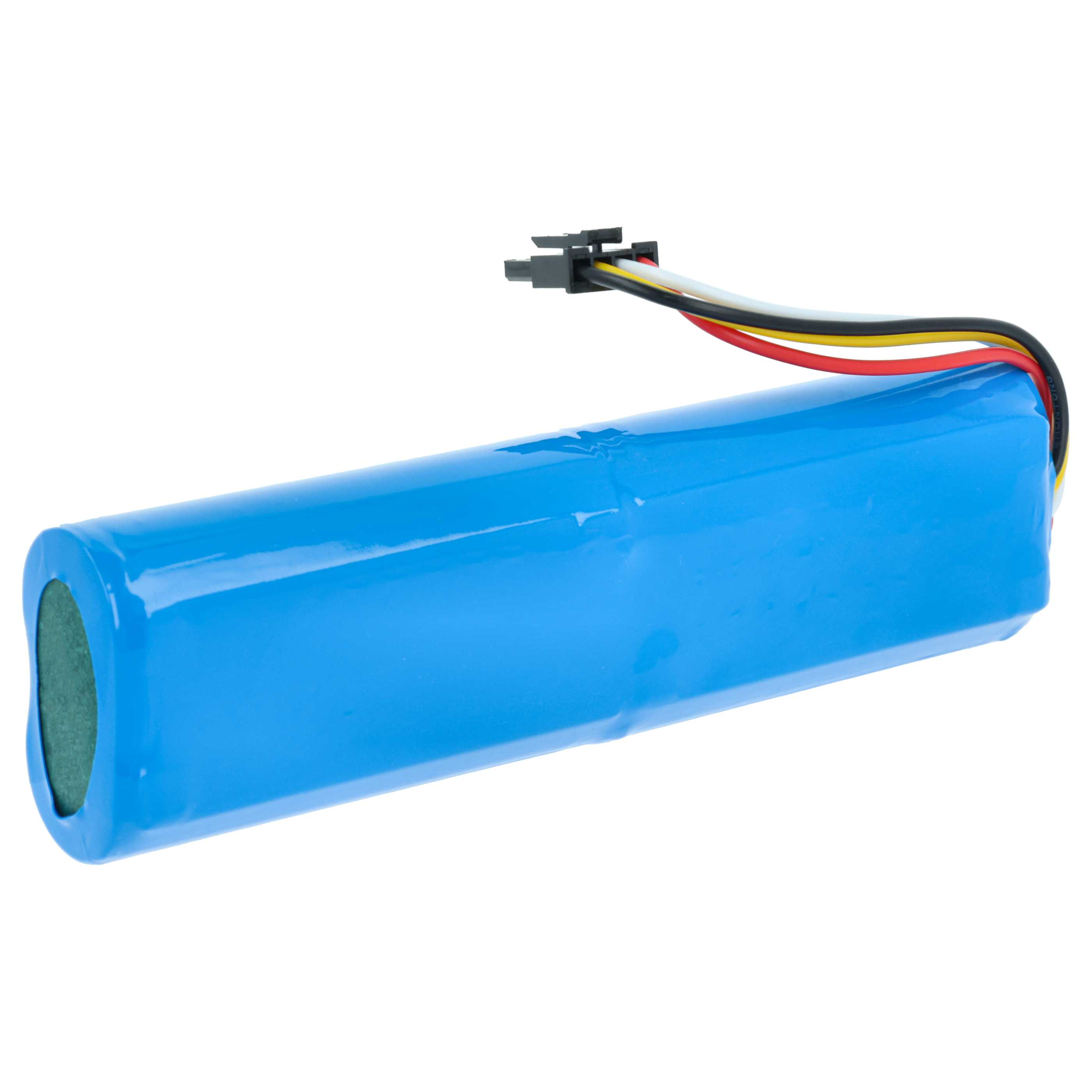 Eine blaue zylindrische Batterie mit Drähten und einem Stecker auf weißem Hintergrund.