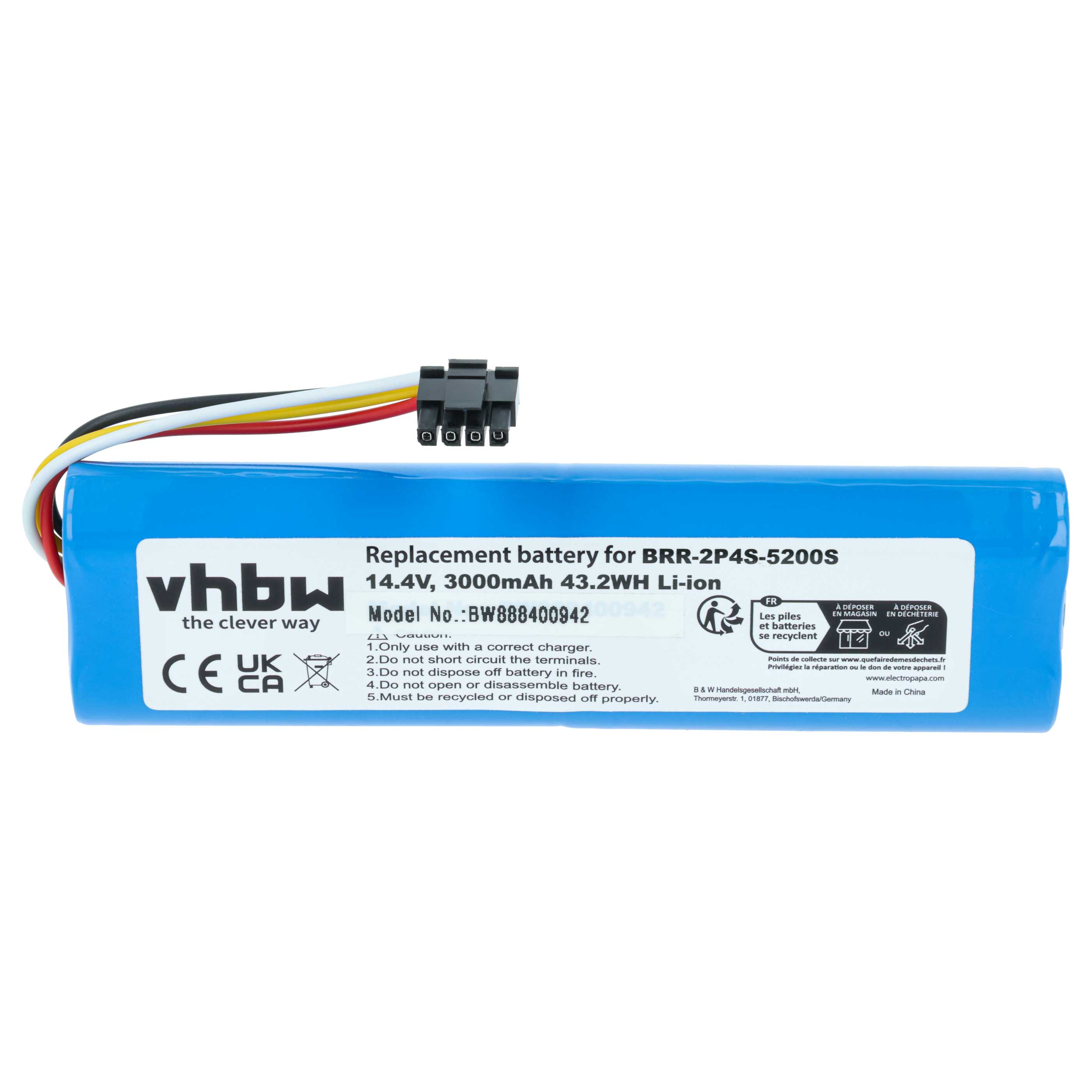 Ein blauer Akku mit schwarzem Stecker und farbigen Drähten, Text enthält Modell- und Sicherheitsinformationen.