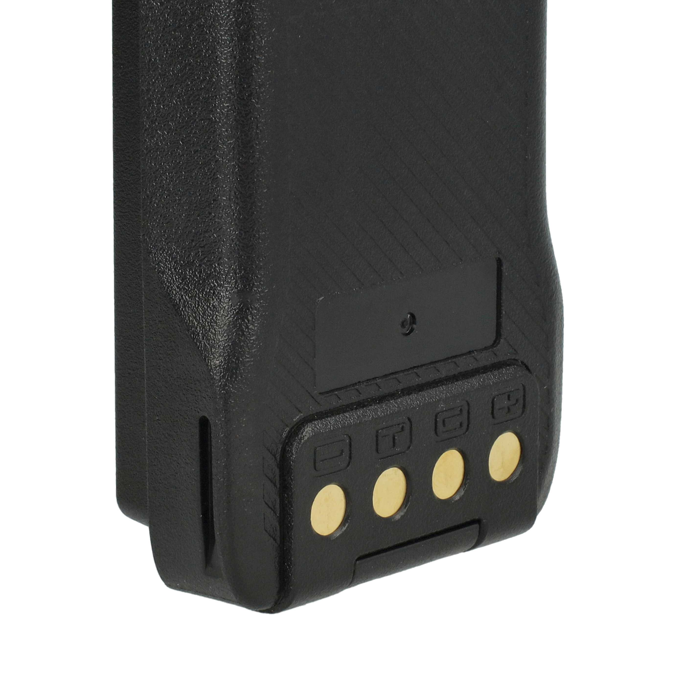Ein schwarzer Akku mit Goldkontakten vor weißem Hintergrund. Die Batterie hat eine strukturierte Oberfläche.