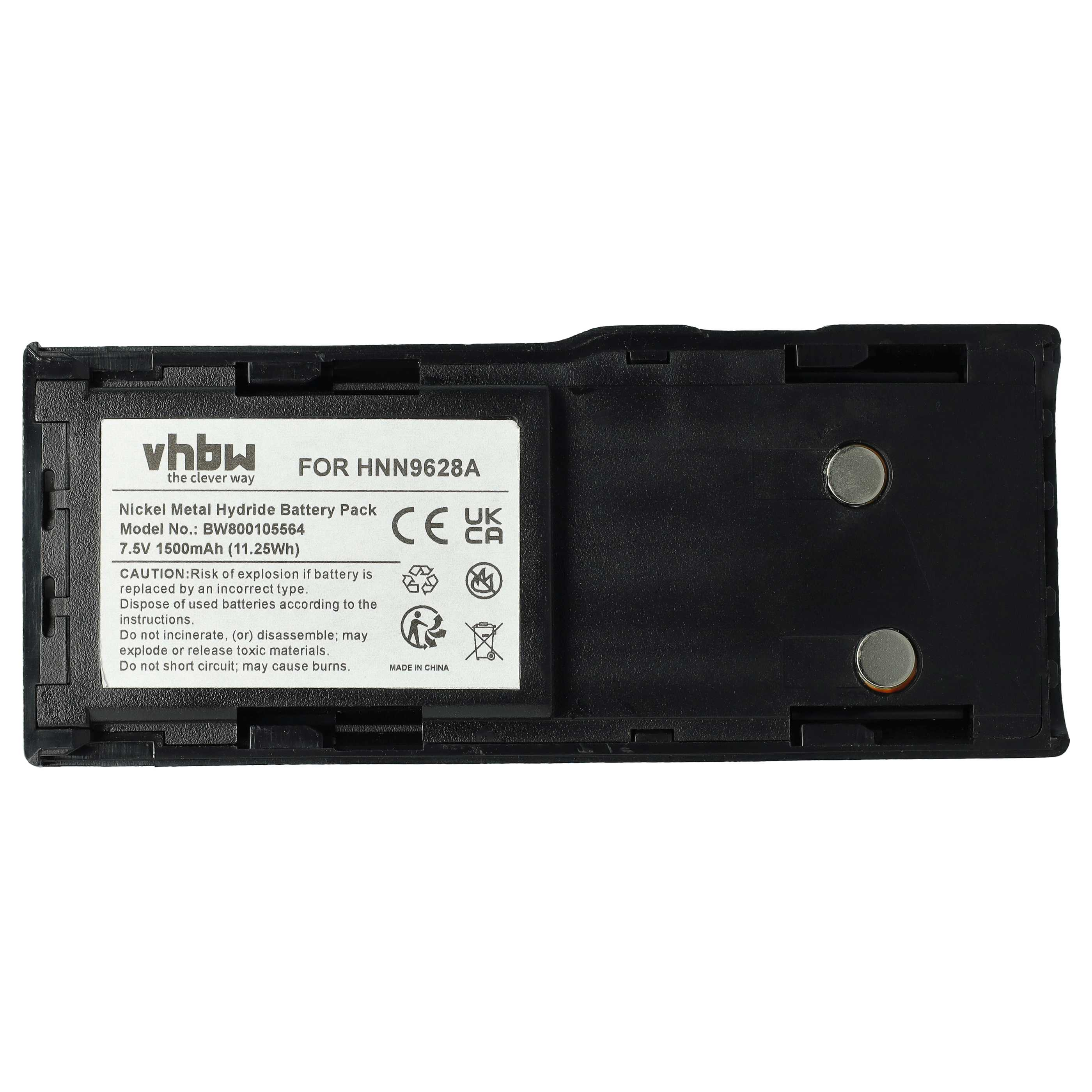 Ein schwarzes Akku-Pack mit weißem Etikett. Text enthält 'vhbw', 'Nickel Metal Hydride Battery Pack' und Warnhinweise.