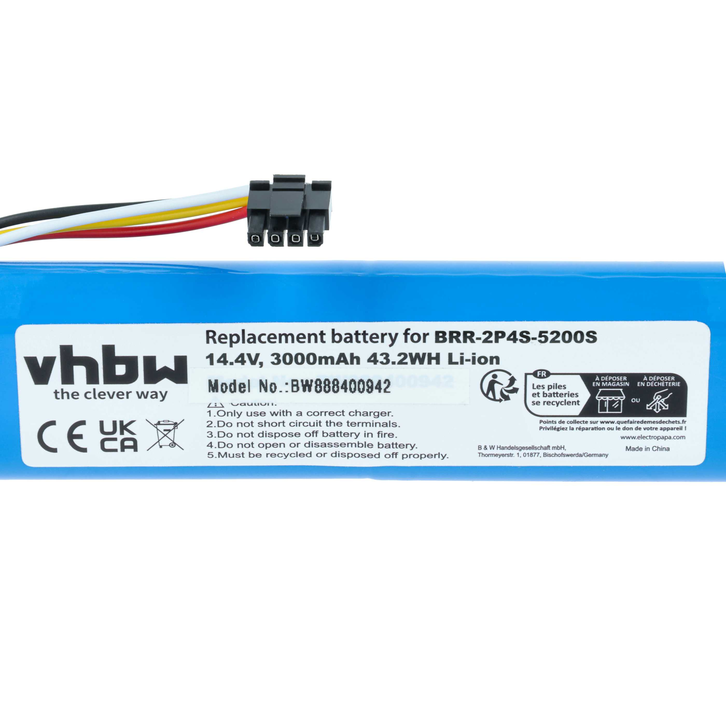Blauer Akku mit schwarzem Stecker und farbigen Drähten. Text enthält Akkuspezifikationen und Recycling-Infos.