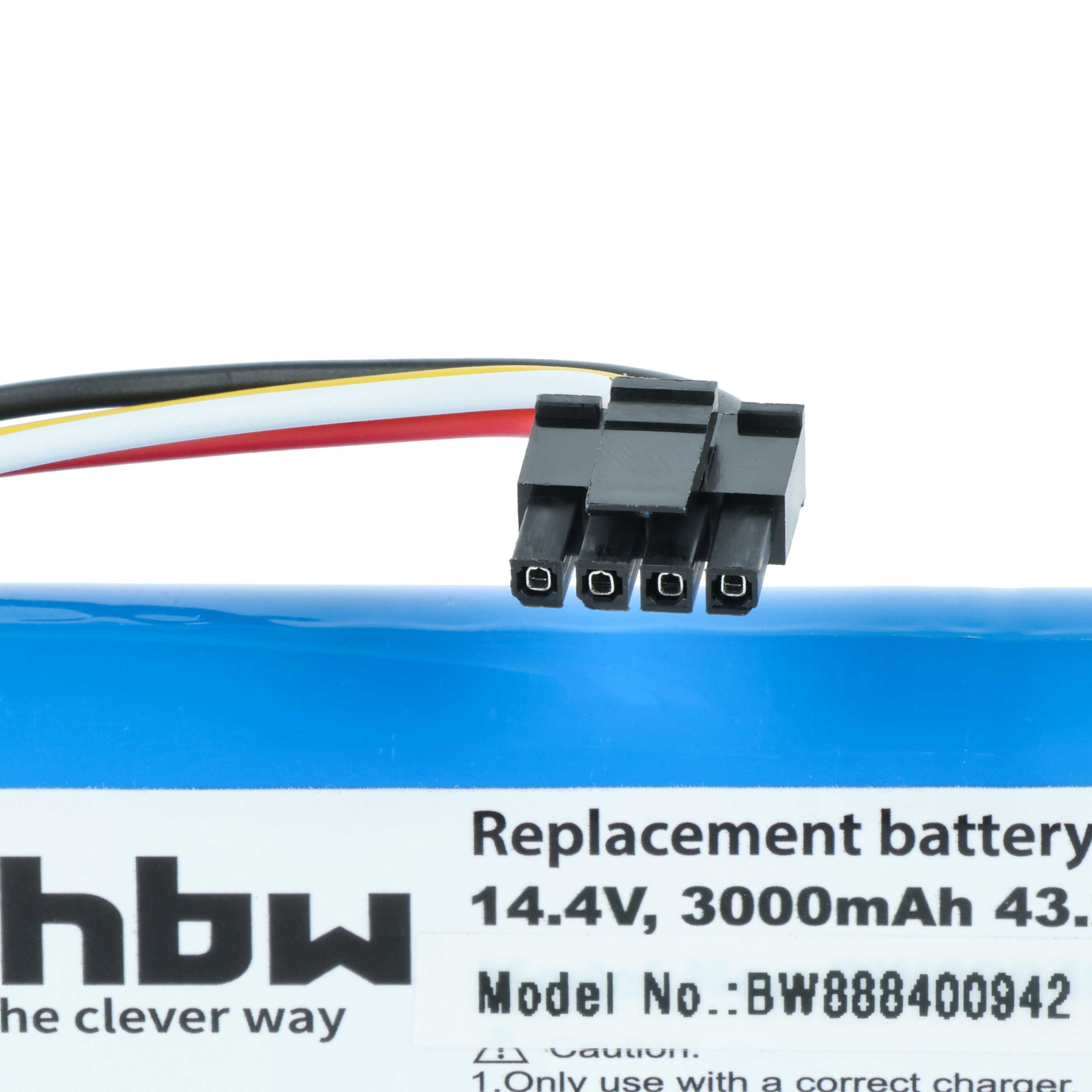 Eine blaue Batterie mit schwarzem Stecker und farbigen Drähten. Text unten zeigt, dass es sich um eine Ersatzbatterie handelt.