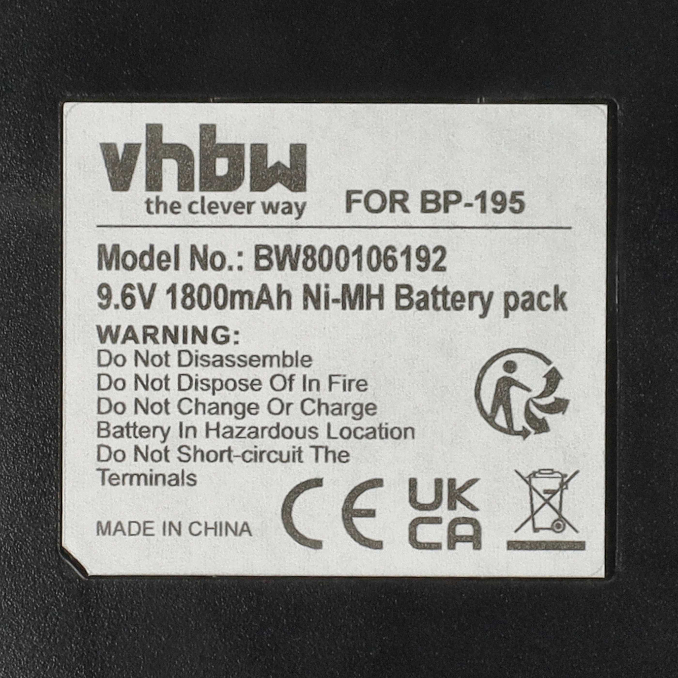 Ein Batterieetikett mit Text. Es steht vhbw, Modell BW800106192, 9,6V Ni-MH Akkupack. Warnhinweise sind aufgeführt.