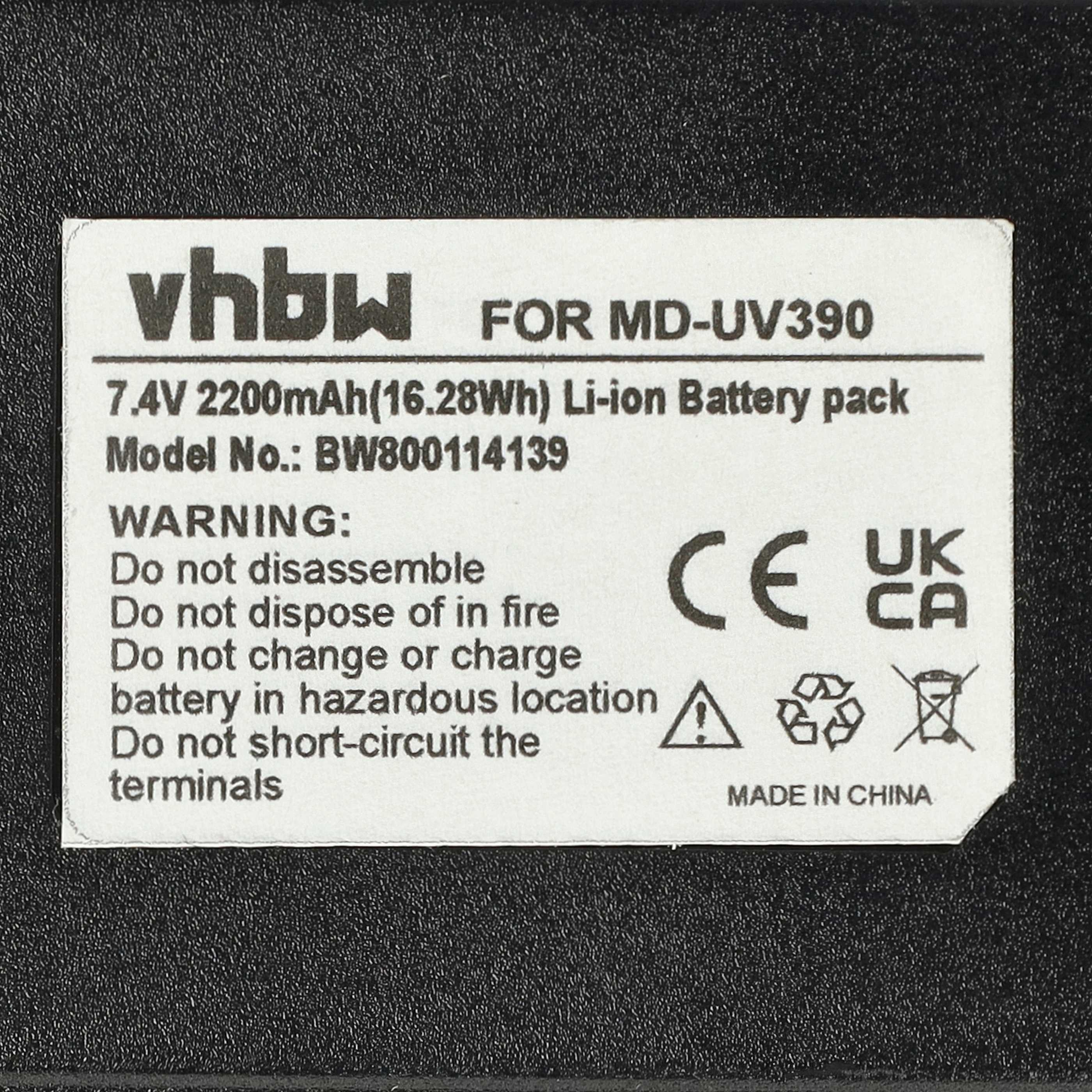 Ein Etikett auf schwarzem Hintergrund mit Text wie 'vhbw', Warnungen und Recycling-Symbolen. Hergestellt in China.
