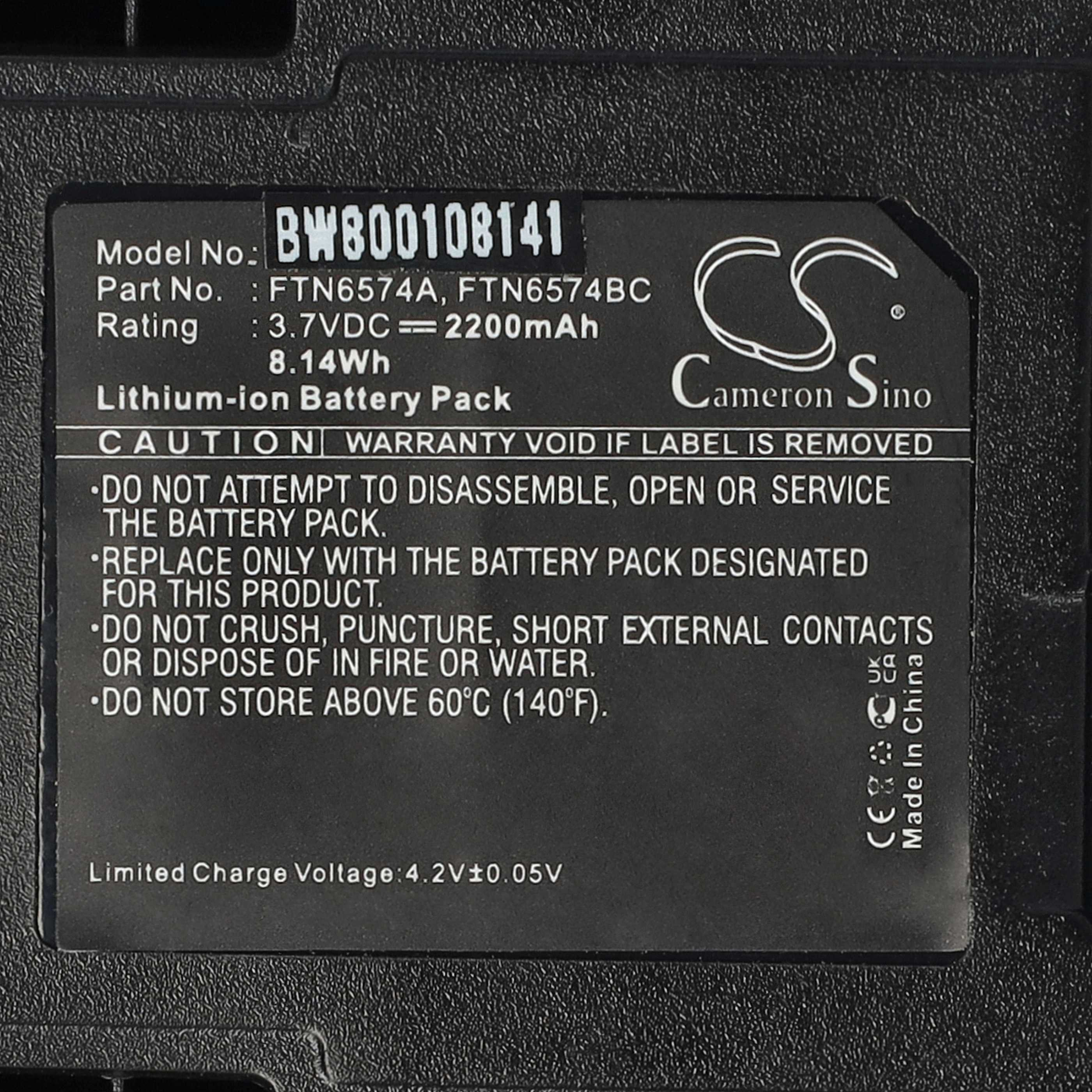 Ein schwarzes Batterieetikett mit weißem Text. Es steht 'Lithium-Ionen-Akkupack' und hat Warnungen und Modellinformationen.