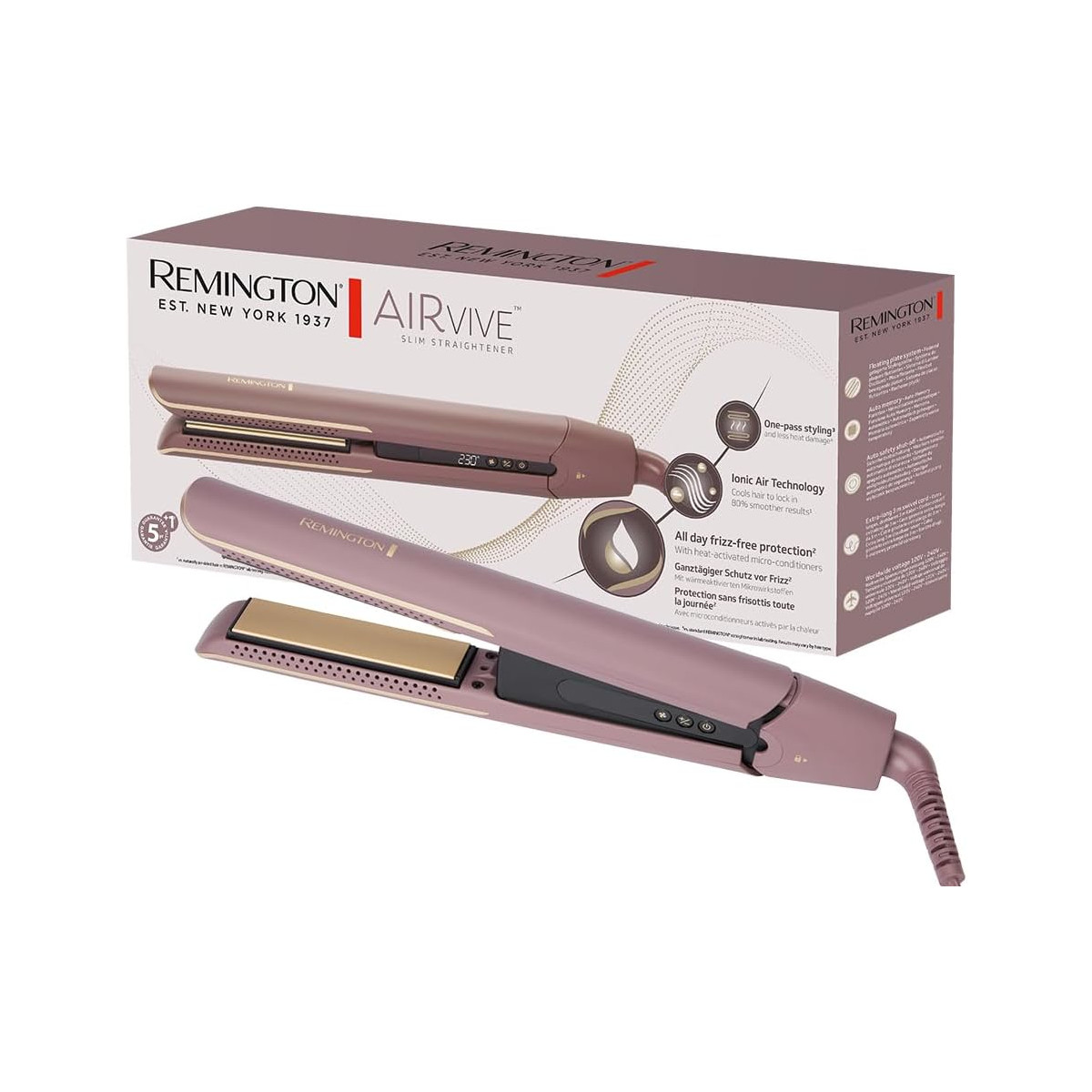 Piastra per capelli Remington AirVIVE in una scatola. La piastra è rosa. La scatola mostra il prodotto e le sue caratteristiche.