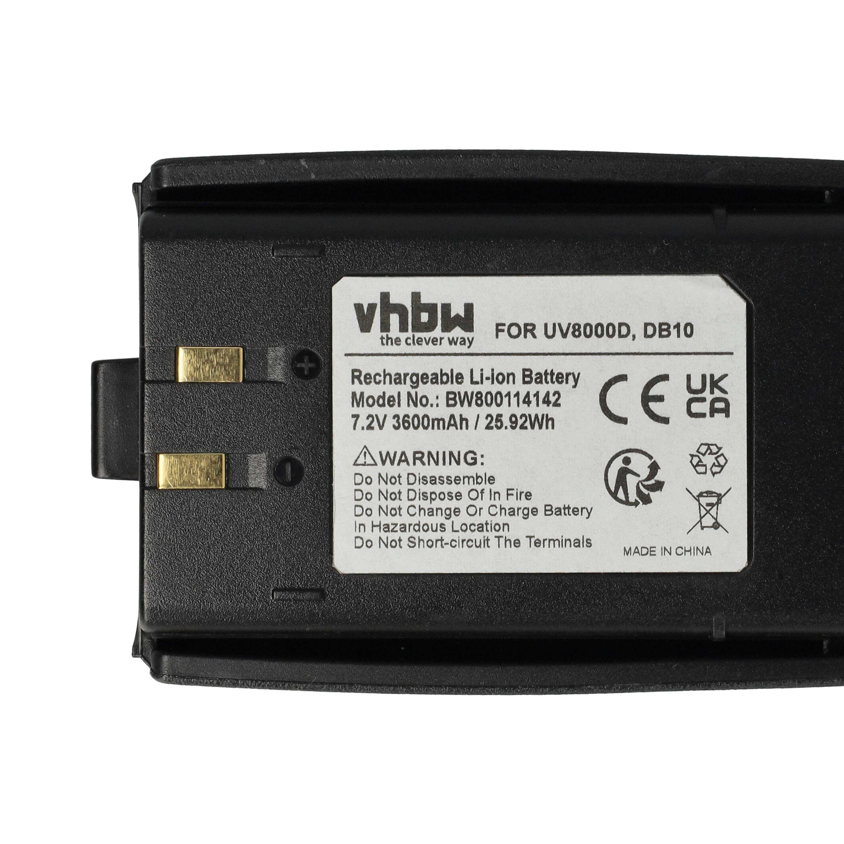 Schwarzer Akku mit weißem Etikett. Text enthält 'vhbw', 'Rechargeable Li-ion Battery' und Warnsymbole.