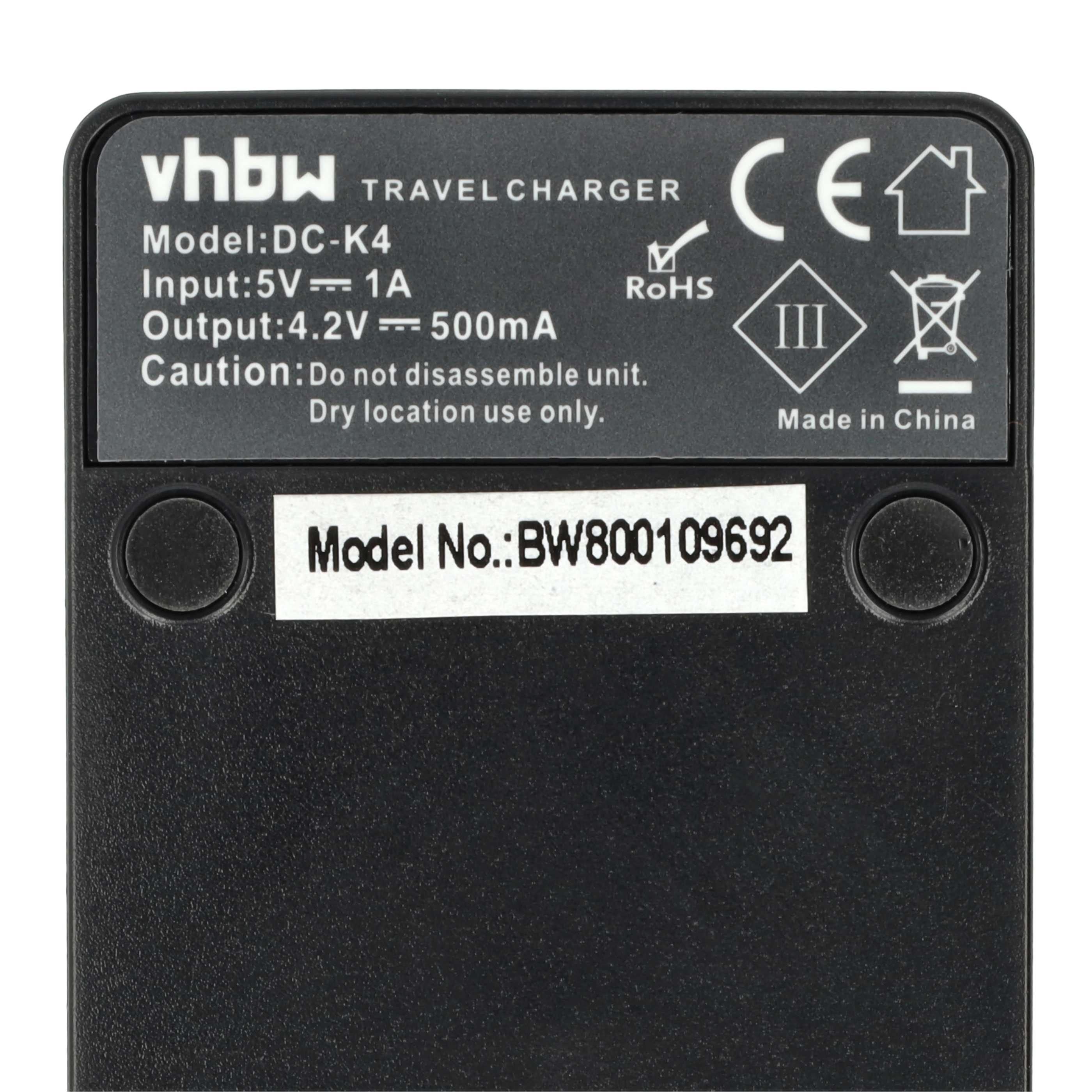 Schwarzes Reise Ladegerät mit weißem Text. Text enthält: vhbw, Modell DC-K4, Eingang 5V, Ausgang 4,2V und Made in China.