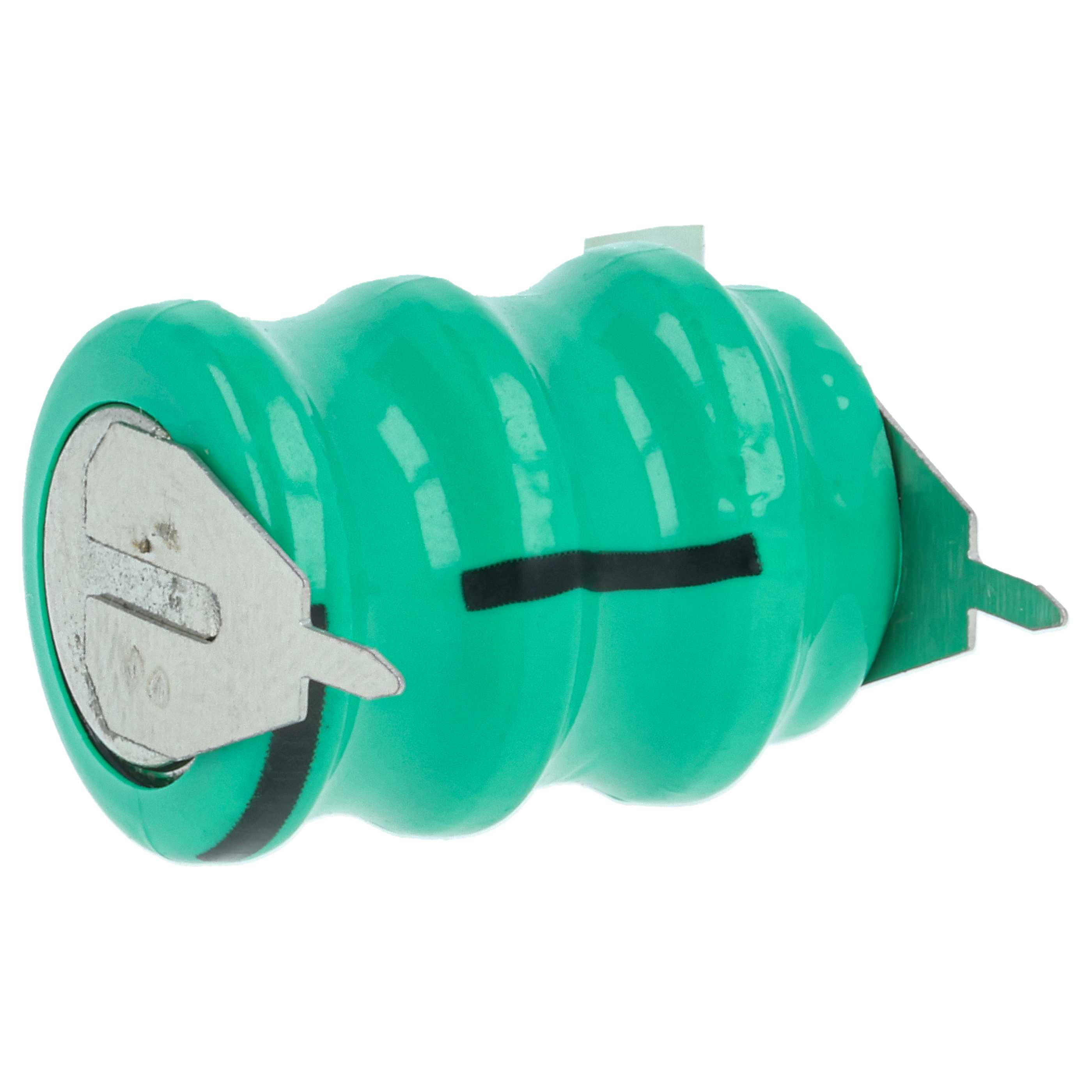 Eine grüne Batteriezelle mit Metallanschlüssen und einem schwarzen Streifen, isoliert auf weißem Hintergrund.