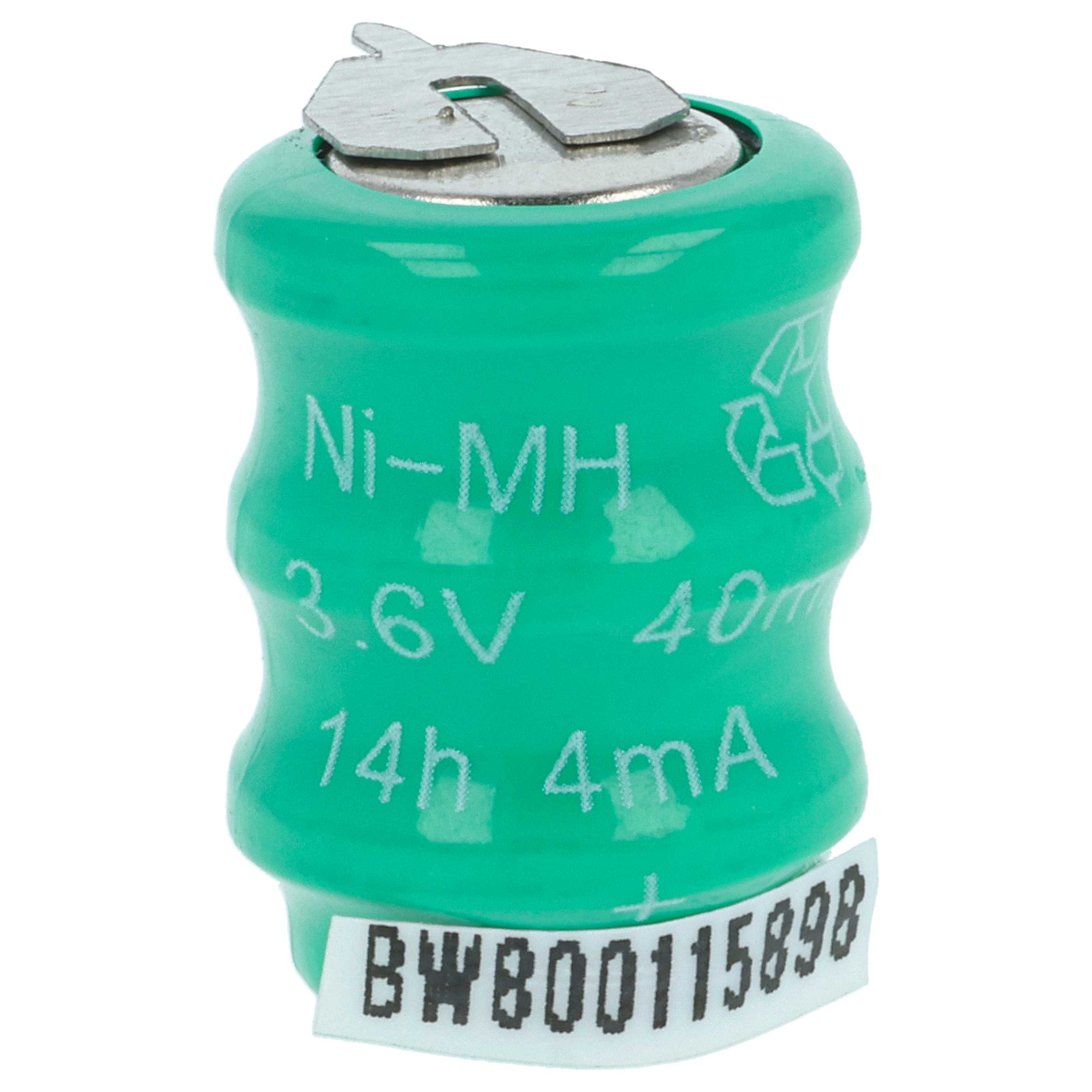 Eine grüne Ni-MH-Batterie mit silbernem Deckel. Sie hat weißen Text mit Spannung, Kapazität und einem Barcode-Etikett.