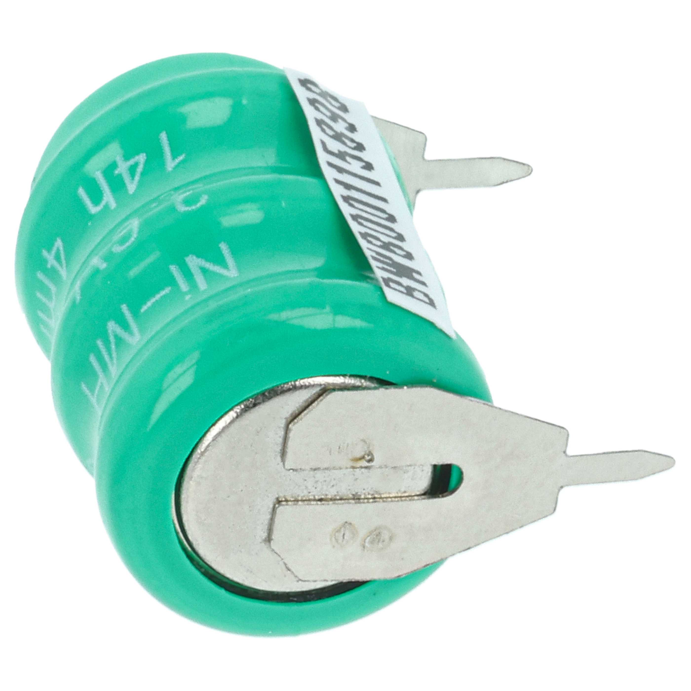 Eine grüne Ni-MH-Batterie mit Metallkontakten. Sie hat weißen Text und einen weißen Aufkleber mit schwarzem Text.