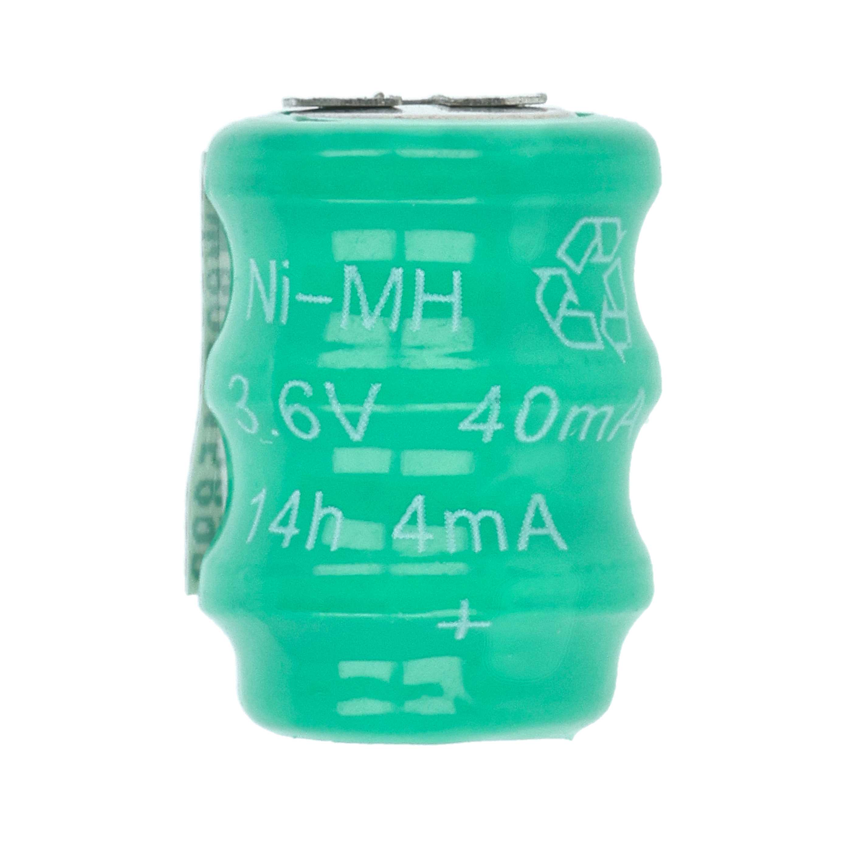 Eine zylindrische grüne Batterie mit weißem Text, der Ni-MH, 3,6 V, 40 mA, 14 h 4 mA und ein Recyclingsymbol angibt.