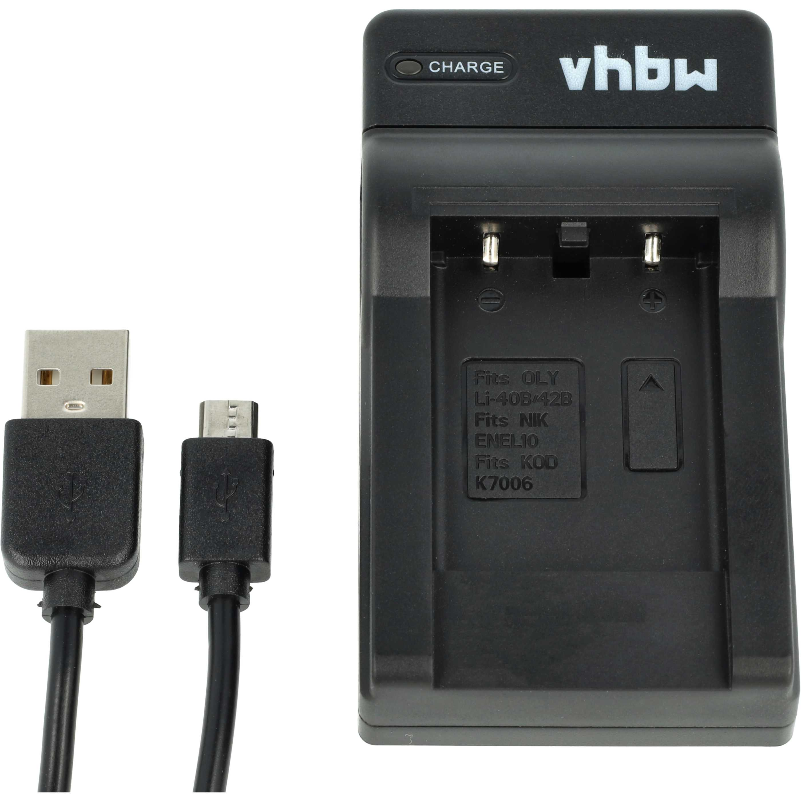 Schwarzes Batterieladegerät mit zwei Ladeschächten, einem USB-Kabel und einem Micro-USB-Kabel. Der Markenname ist sichtbar.
