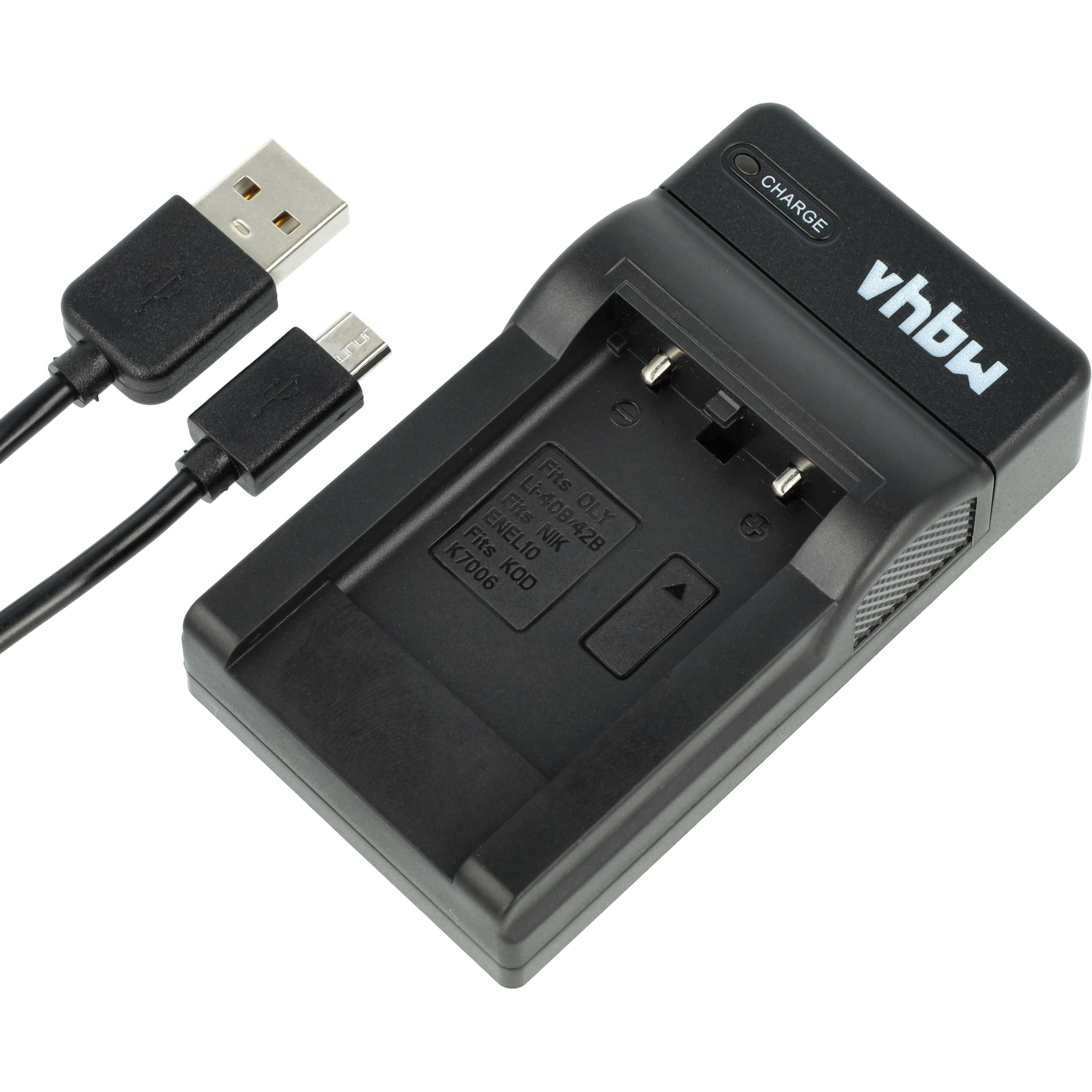 Ein schwarzes Batterieladegerät mit USB- und Micro-USB-Kabel. Es trägt den Markennamen vhbw.