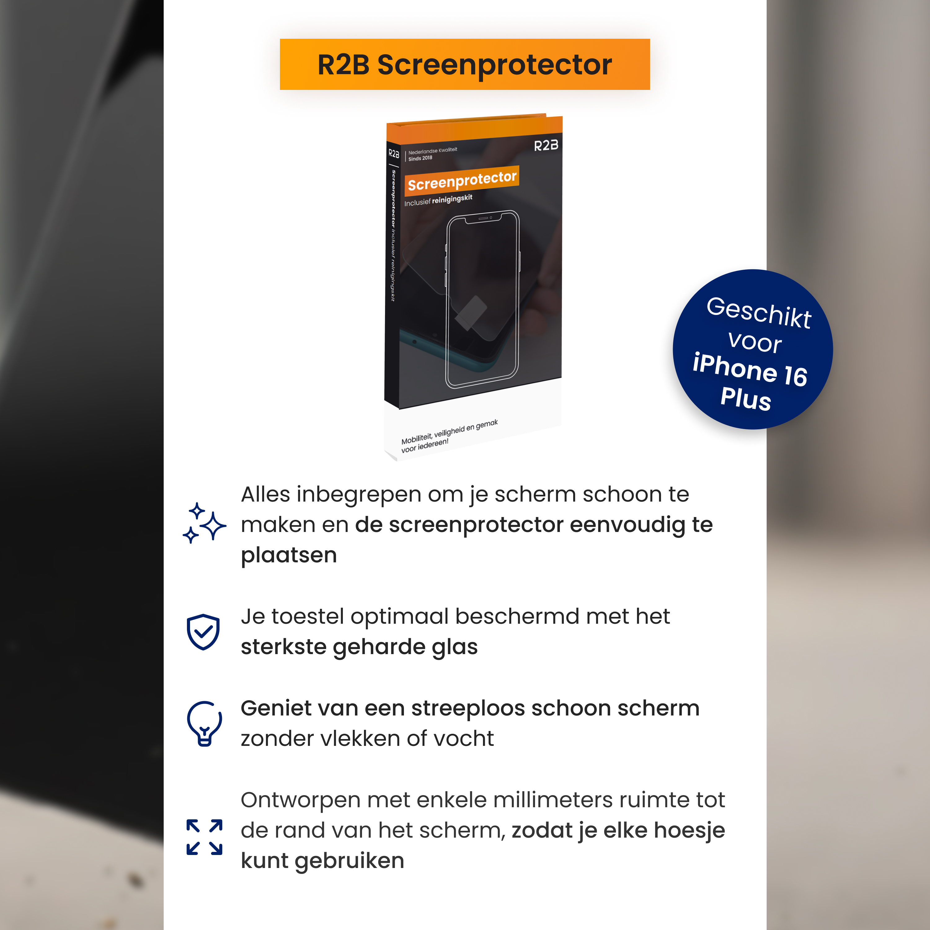 Product packaging with a screen protector. Text includes 'R2B Screenprotector' and 'iPhone 16 Plus'.