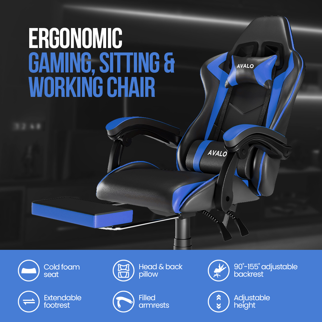 Chaise de jeu ergonomique avec des accents bleus et un repose-pieds. Comprend une hauteur réglable, un dossier et un oreiller de tête.