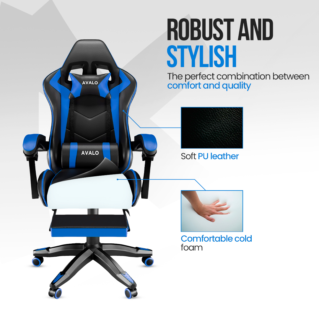 Un fauteuil gaming avec un design noir et bleu, avec la marque 'AVALO'. Il met en avant le cuir PU souple et la mousse froide confortable.