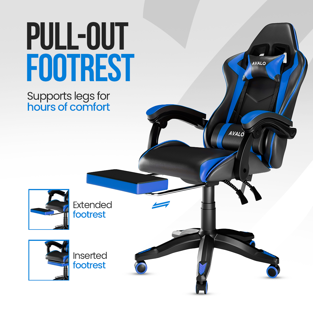 Un fauteuil de jeu noir et bleu avec repose-pieds amovible. Le texte indique 'PULL-OUT FOOTREST' et 'Soutient les jambes pendant des heures de confort'.