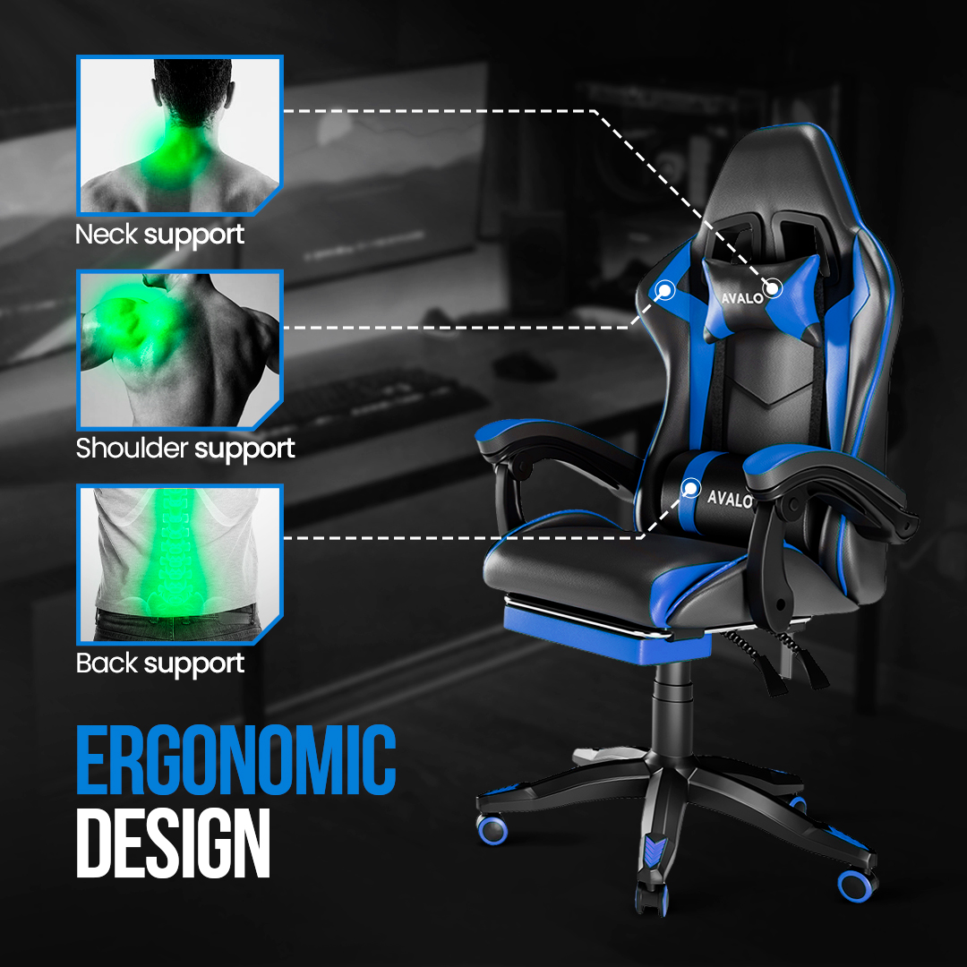 Chaise de jeu ergonomique noire et bleue. Zones en surbrillance montrent le soutien du cou, des épaules et du dos. Texte: 'DESIGN ERGONOMIQUE'.